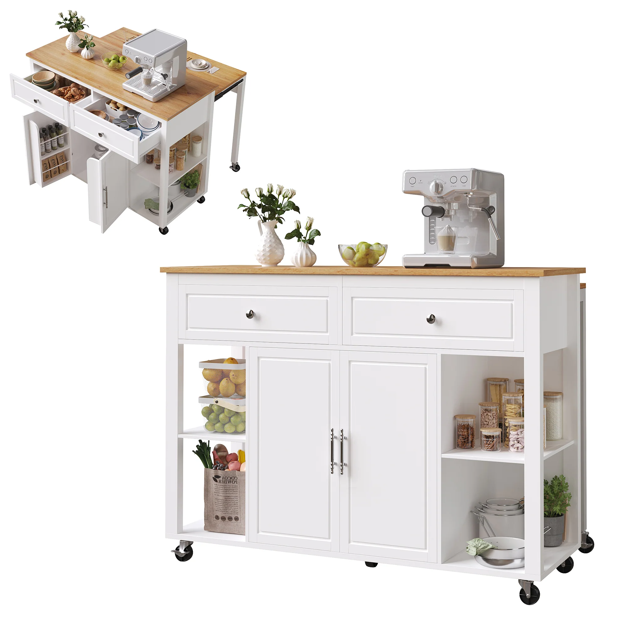 Kitchen Island Mobile Serving Trolley Storage 2 Drawers - Wood Grain - Image 5