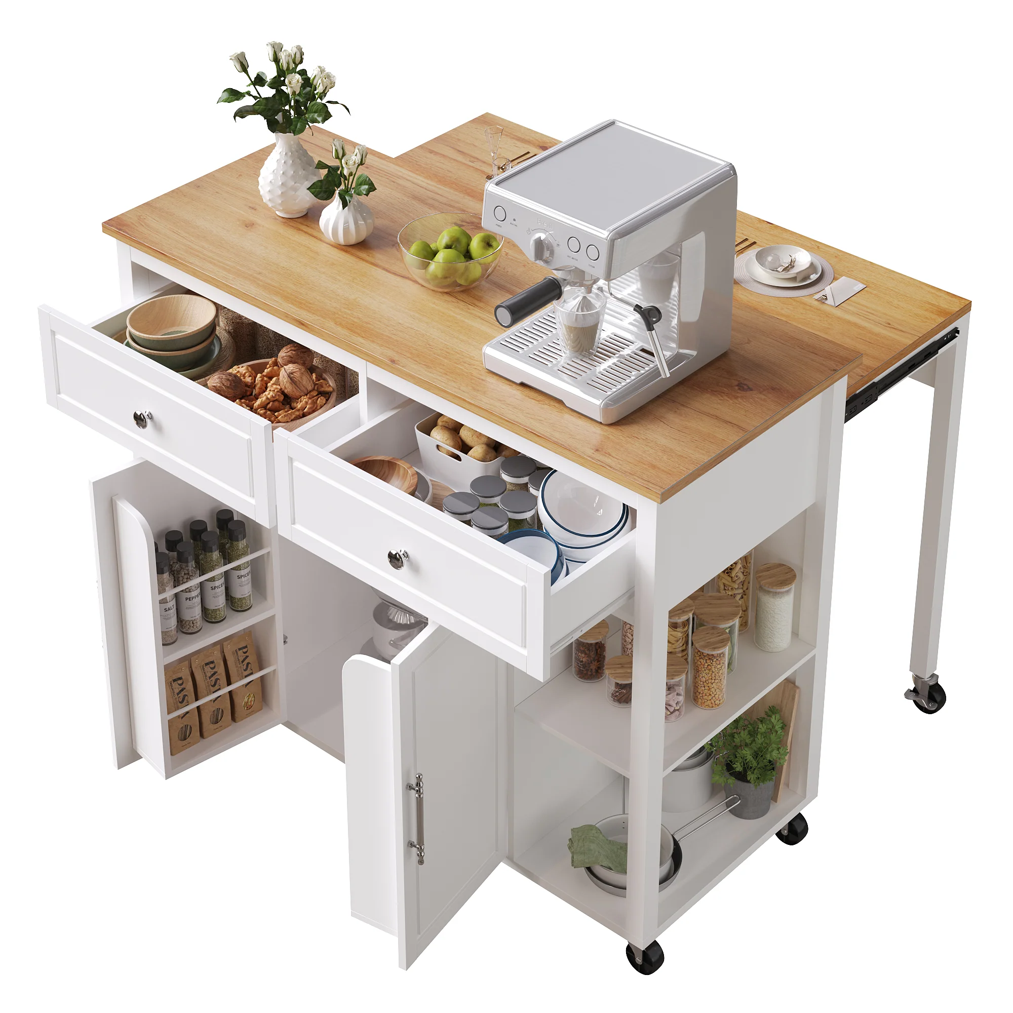 Kitchen Island Mobile Serving Trolley Storage 2 Drawers - Wood Grain - Image 6