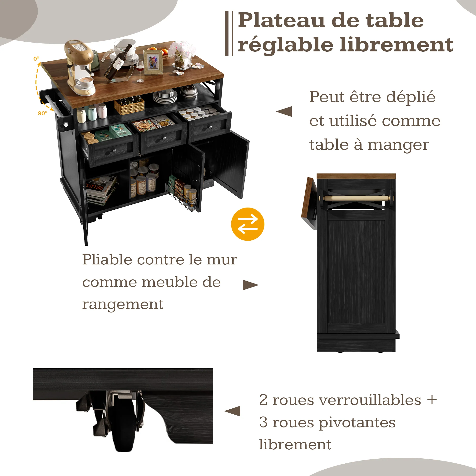 Kitchen Island Mobile Storage Cart with Dividers & Towel Rail - Wood Grain Black - Image 10
