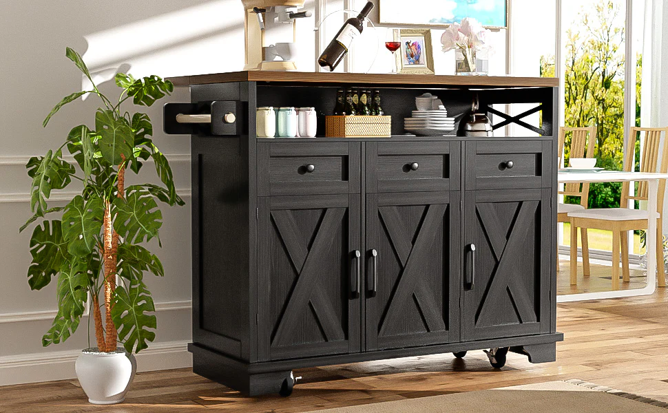 Kitchen Island Mobile Storage Cart with Dividers & Towel Rail - Wood Grain Black - Image 5