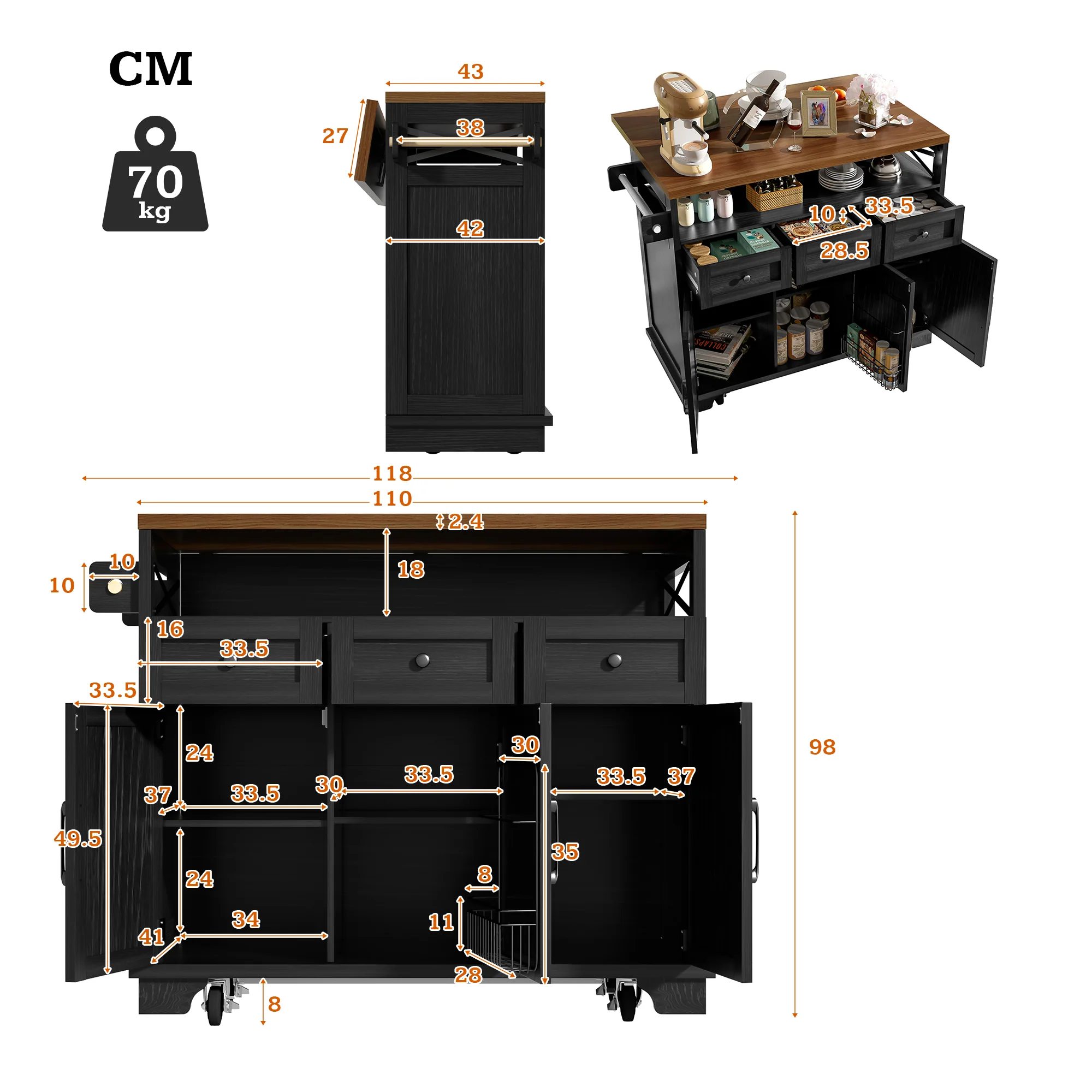 Kitchen Island Mobile Storage Cart with Dividers & Towel Rail - Wood Grain Black - Image 7