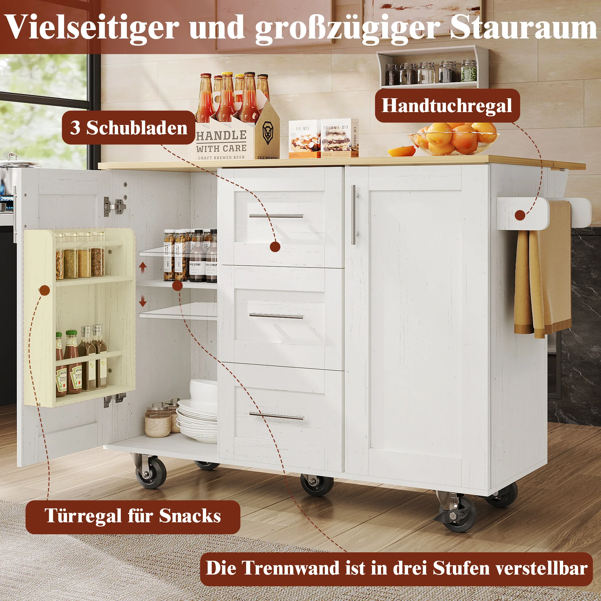 Kitchen Island Mobile Worktop Storage Removable Partitions - White - Image 10