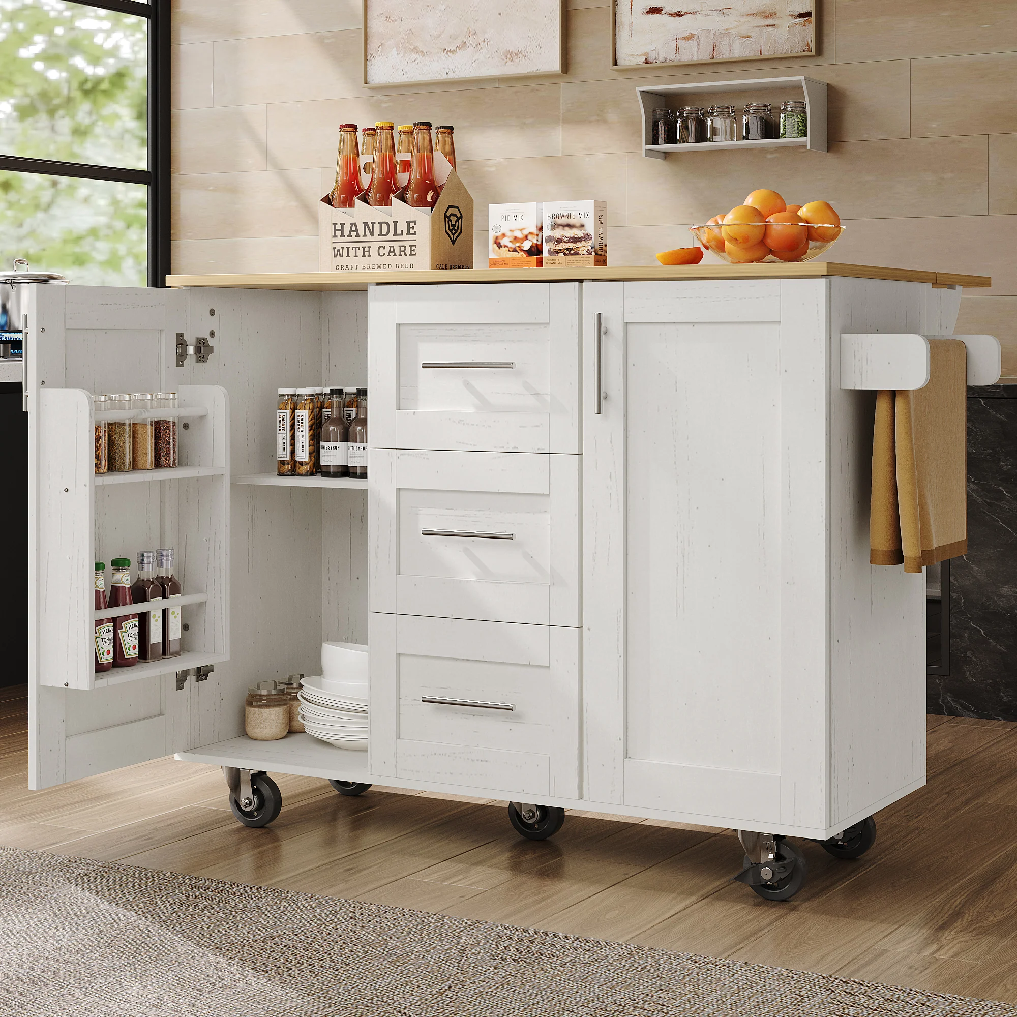 Kitchen Island Mobile Worktop Storage Removable Partitions - White - Image 2