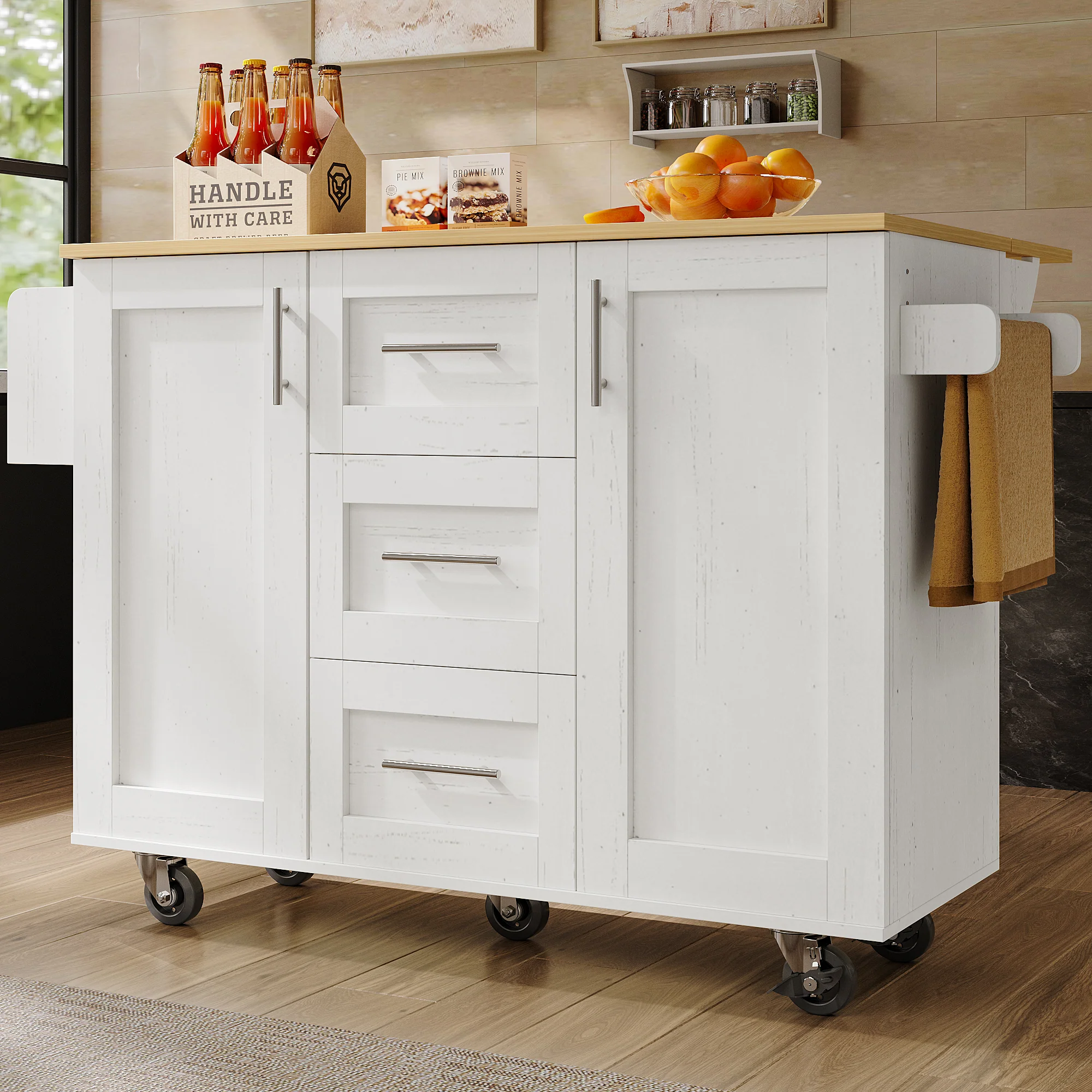 Kitchen Island Mobile Worktop Storage Removable Partitions - White - Image 3