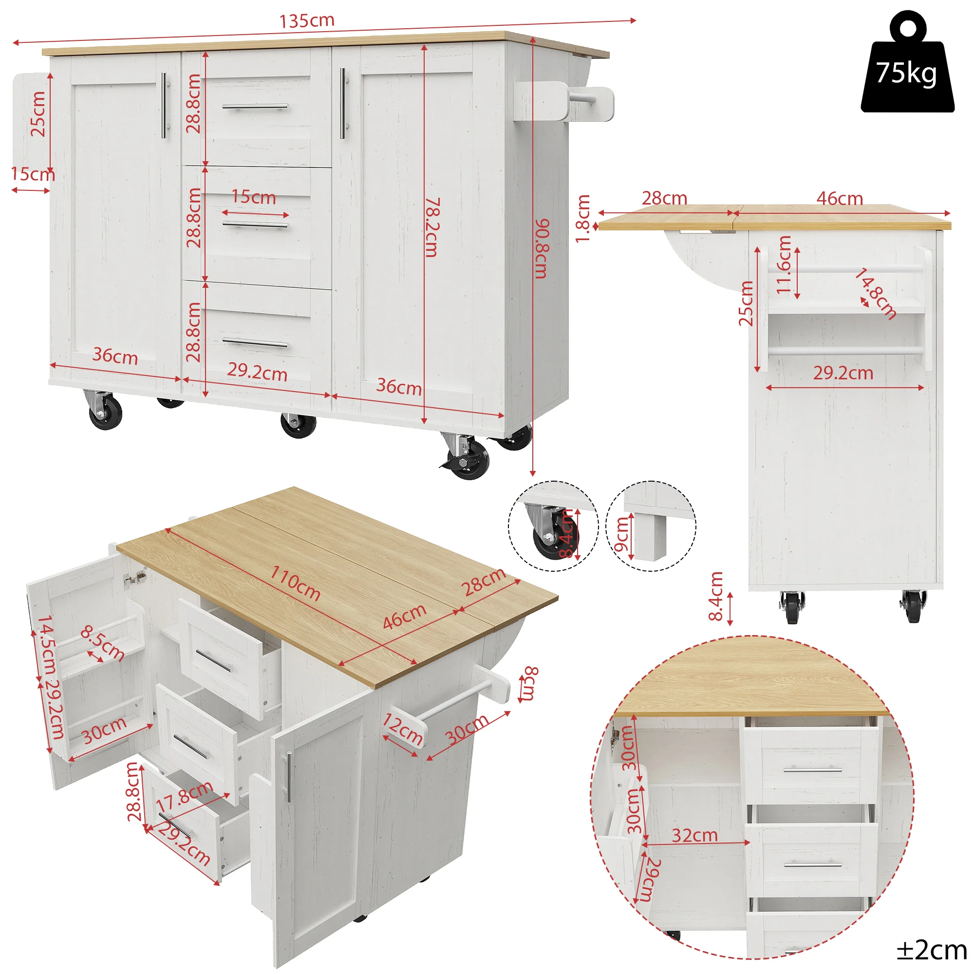 Kitchen Island Mobile Worktop Storage Removable Partitions - White - Image 4