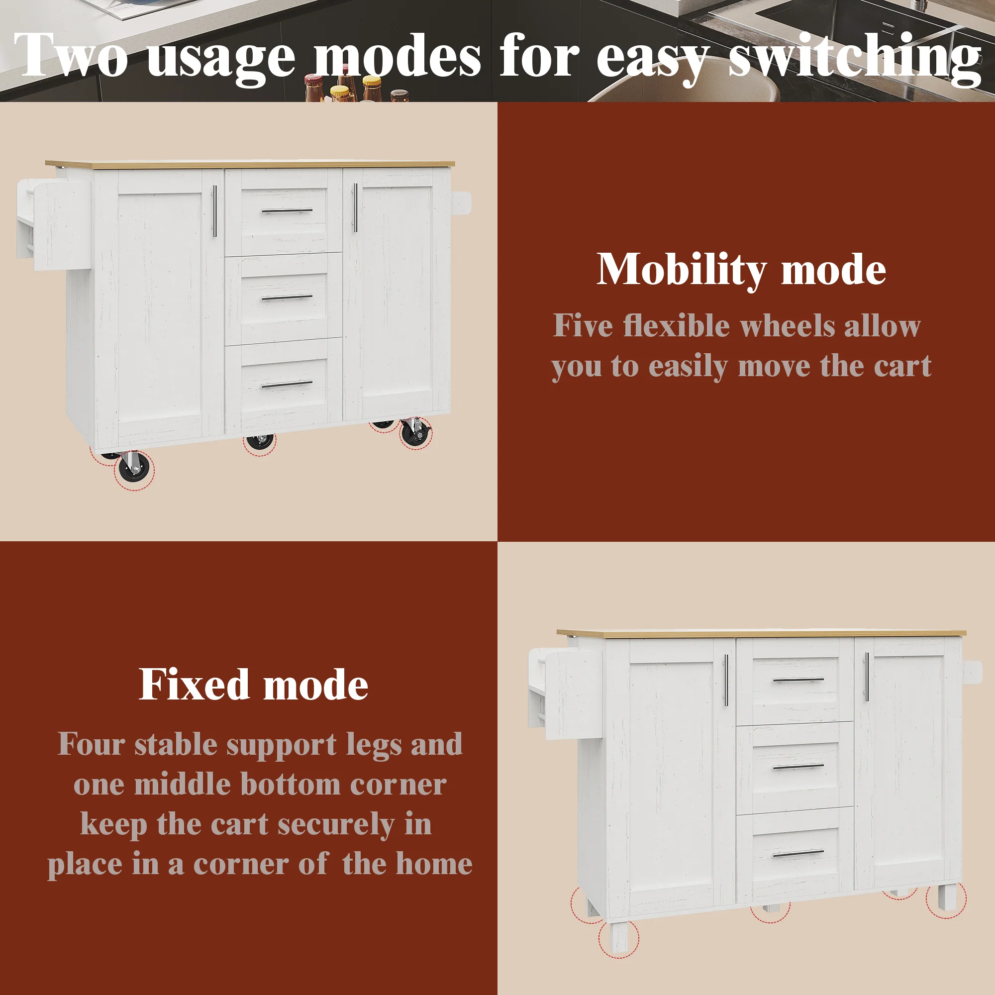 Kitchen Island Mobile Worktop Storage Removable Partitions - White - Image 6