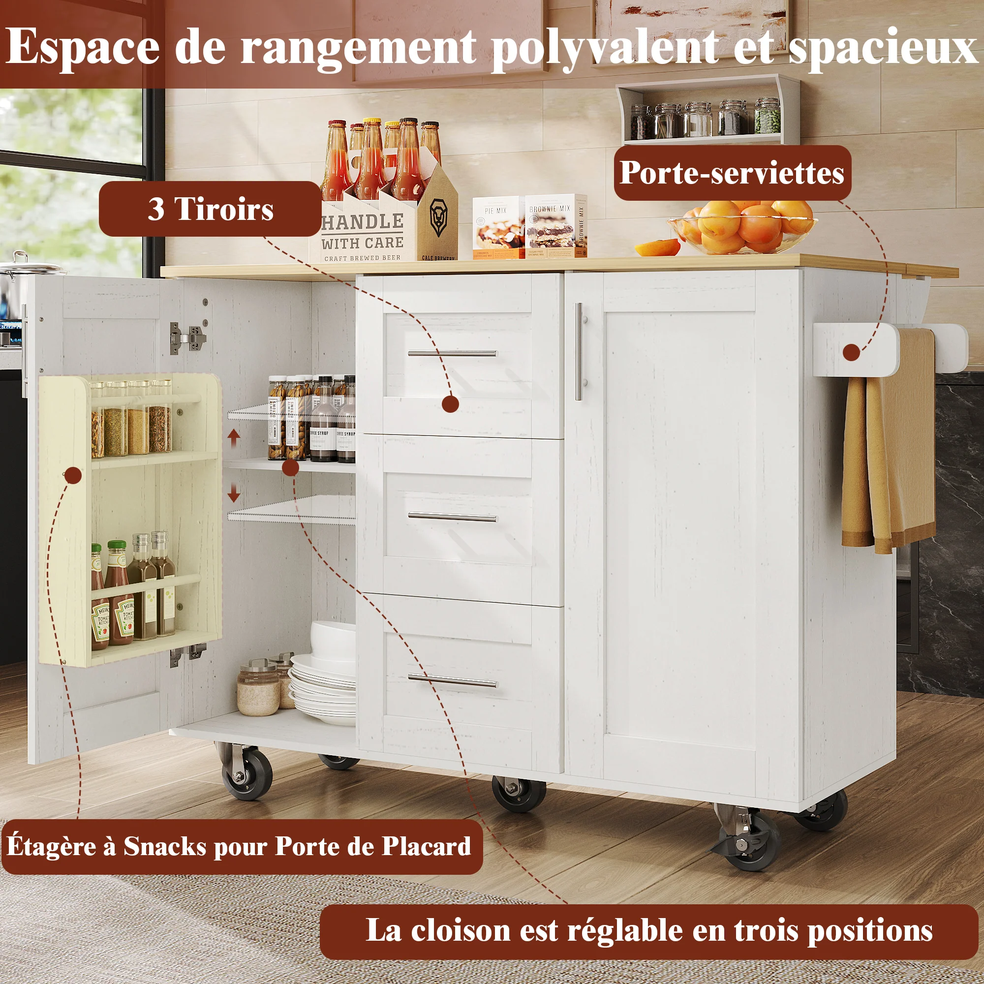 Kitchen Island Mobile Worktop Storage Removable Partitions - White - Image 8