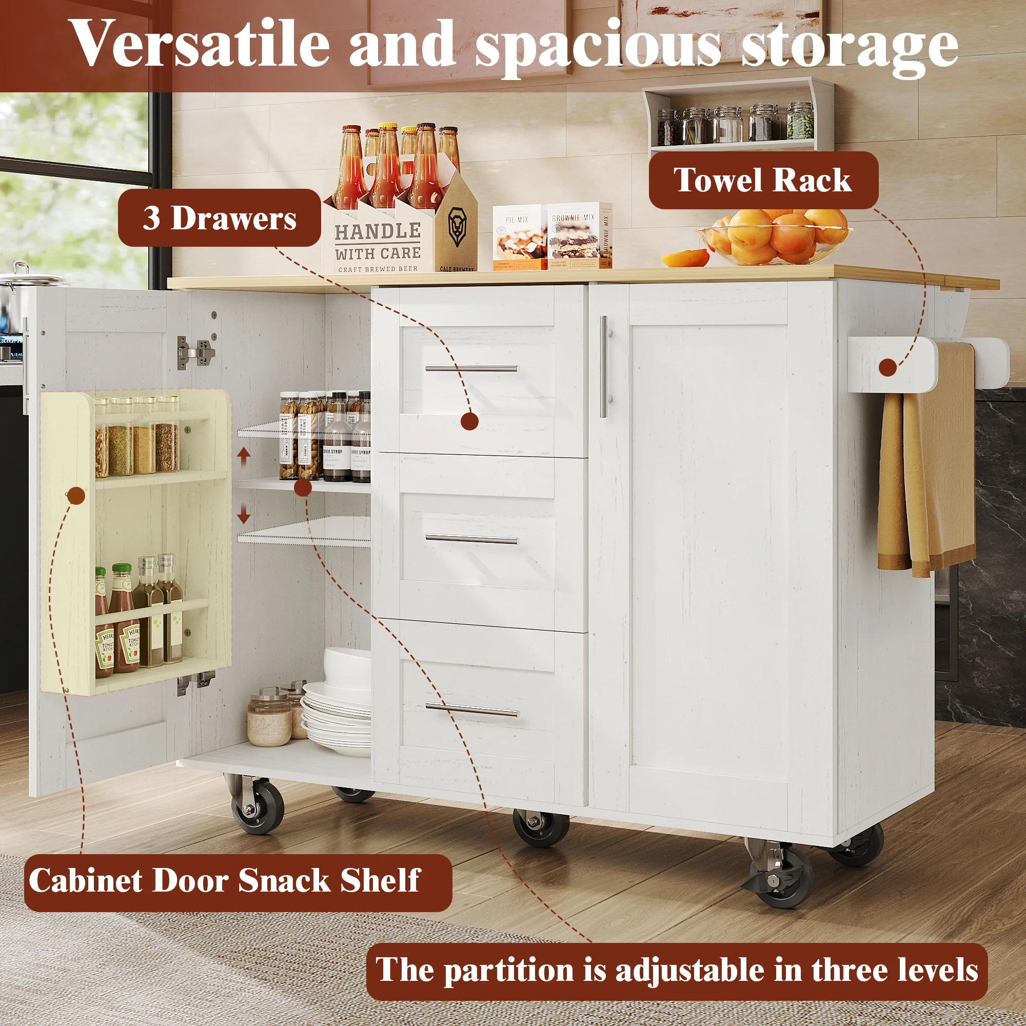 Kitchen Island Mobile Worktop Storage Removable Partitions - White - Image 9