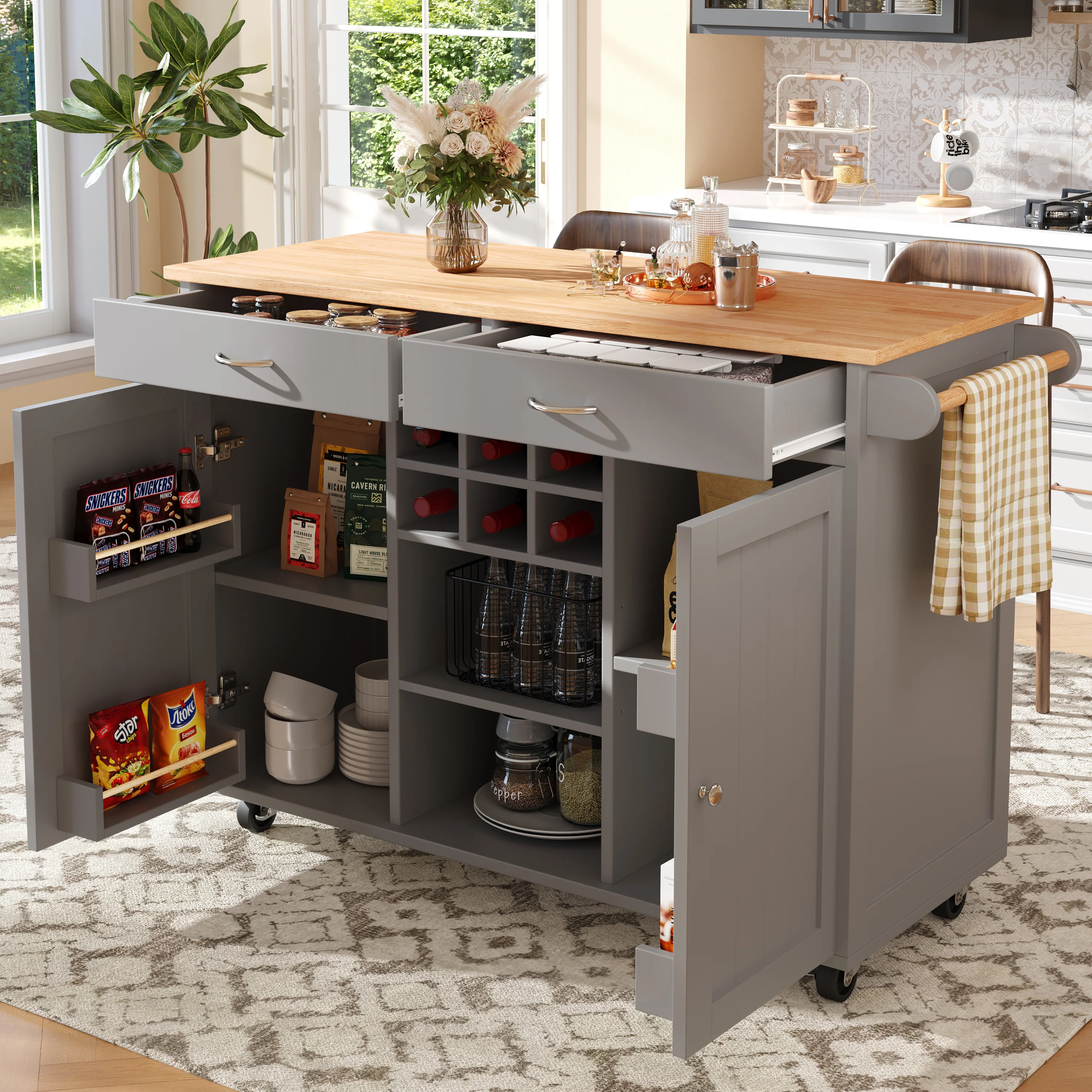 Kitchen Island Multifunctional Dining Table Storage Wood Grain - Grey