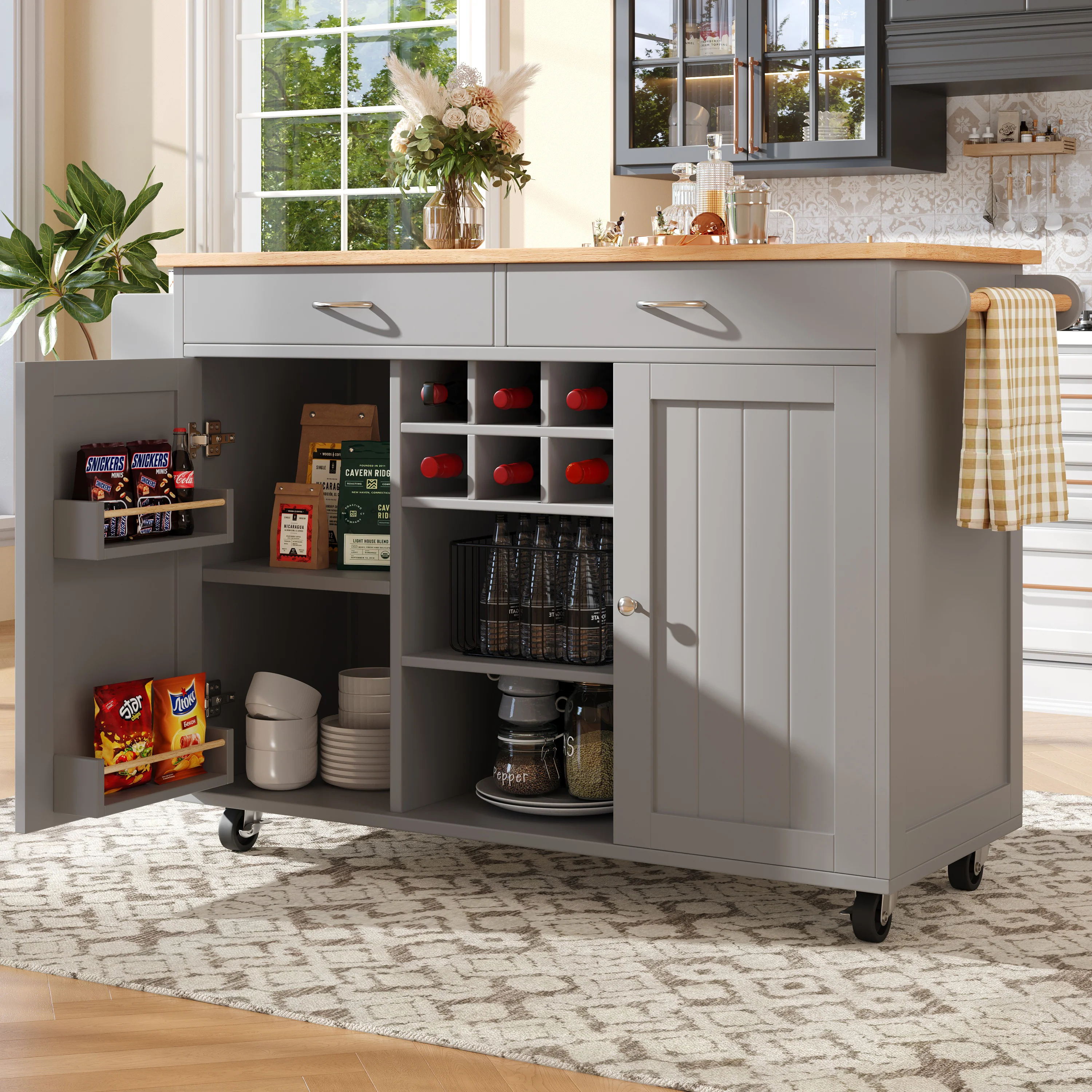 Kitchen Island Multifunctional Dining Table Storage Wood Grain - Grey - Image 2