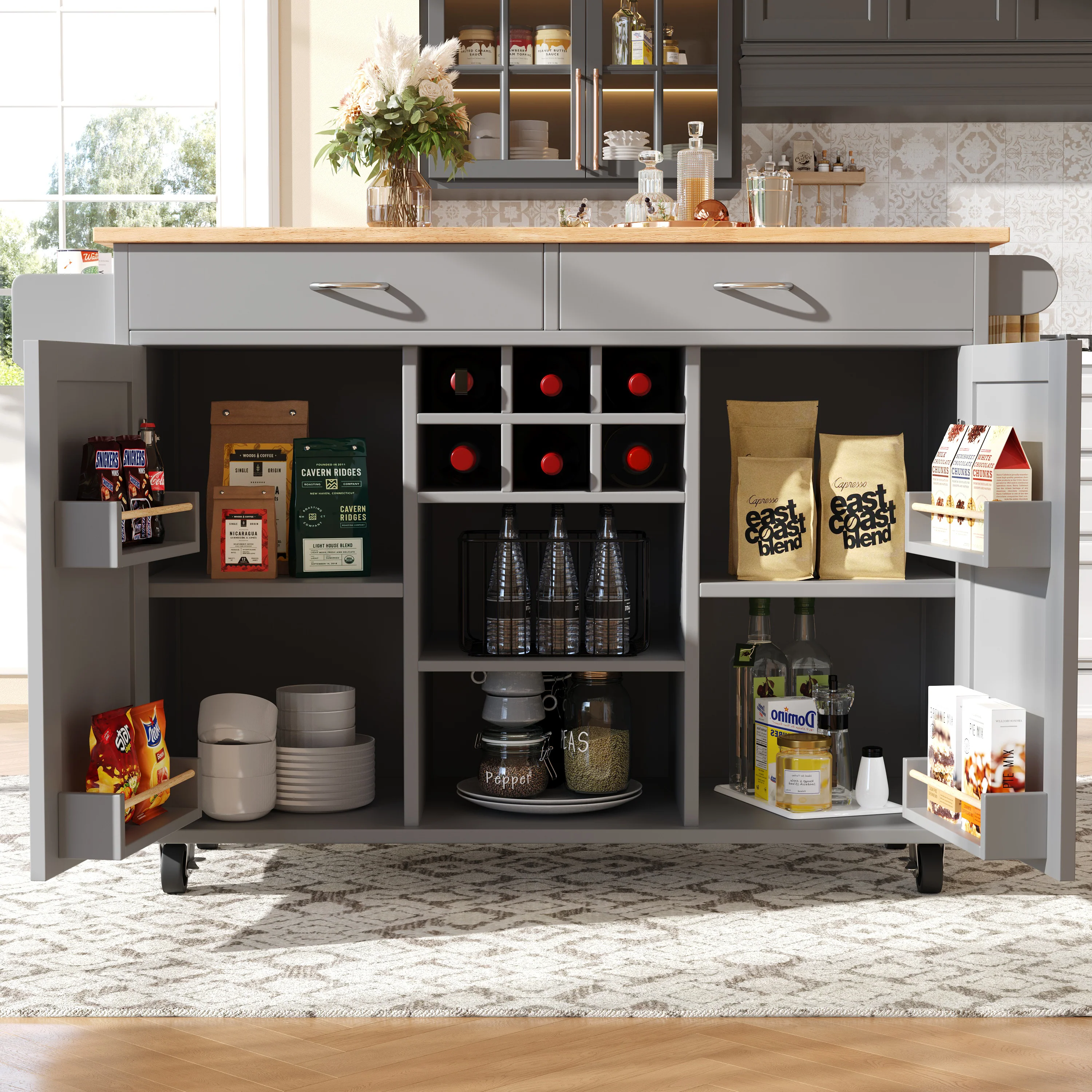 Kitchen Island Multifunctional Dining Table Storage Wood Grain - Grey - Image 3