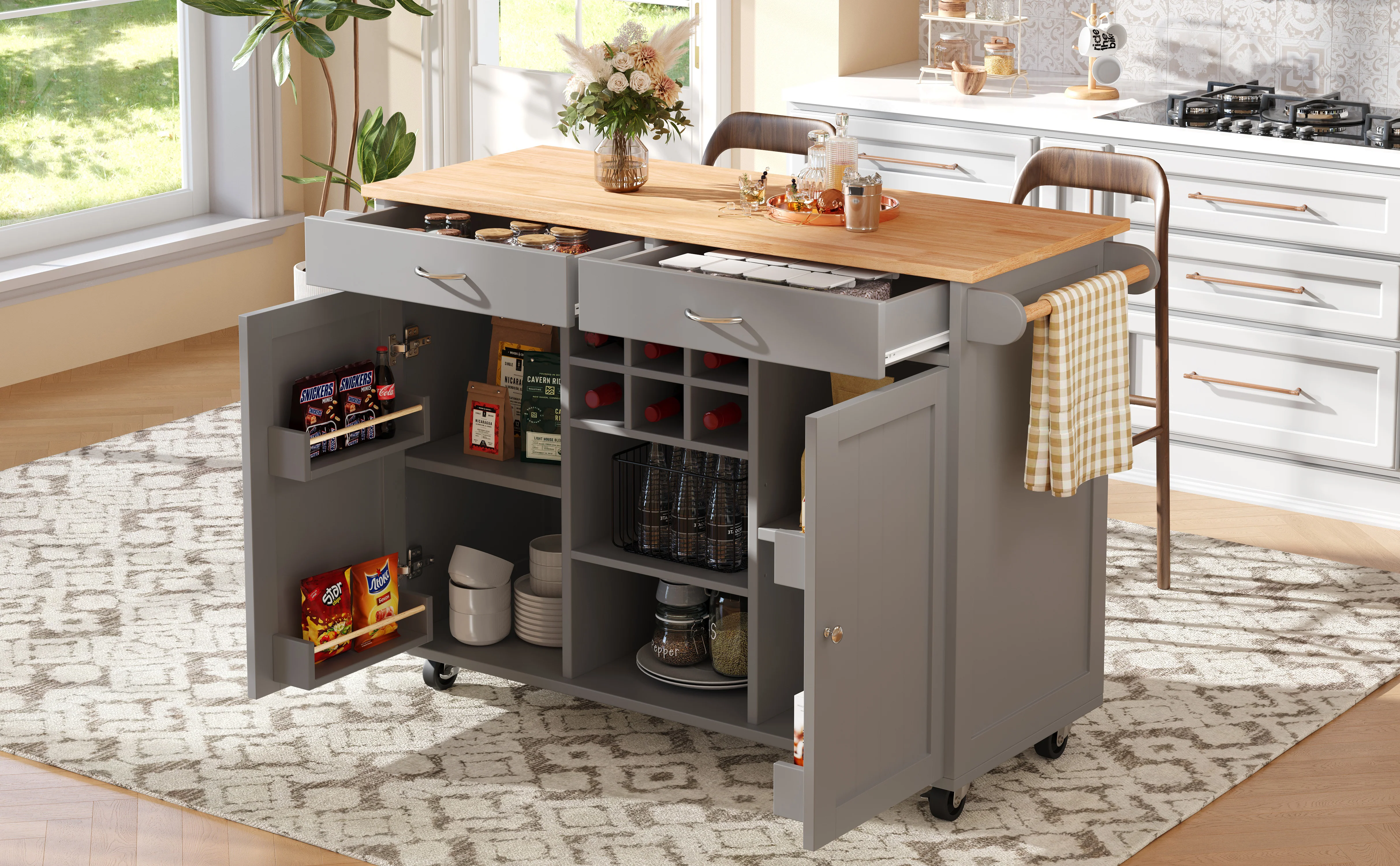 Kitchen Island Multifunctional Dining Table Storage Wood Grain - Grey - Image 4