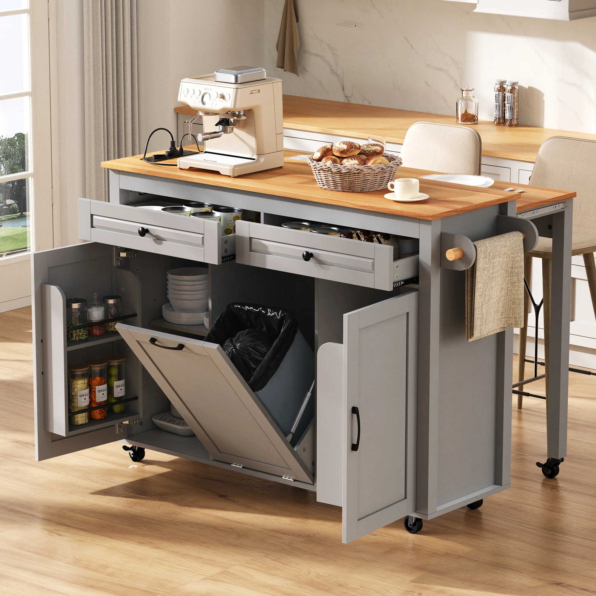 Kitchen Island on Wheels Extendable Worktop Waste Bin Power Strips - Grey