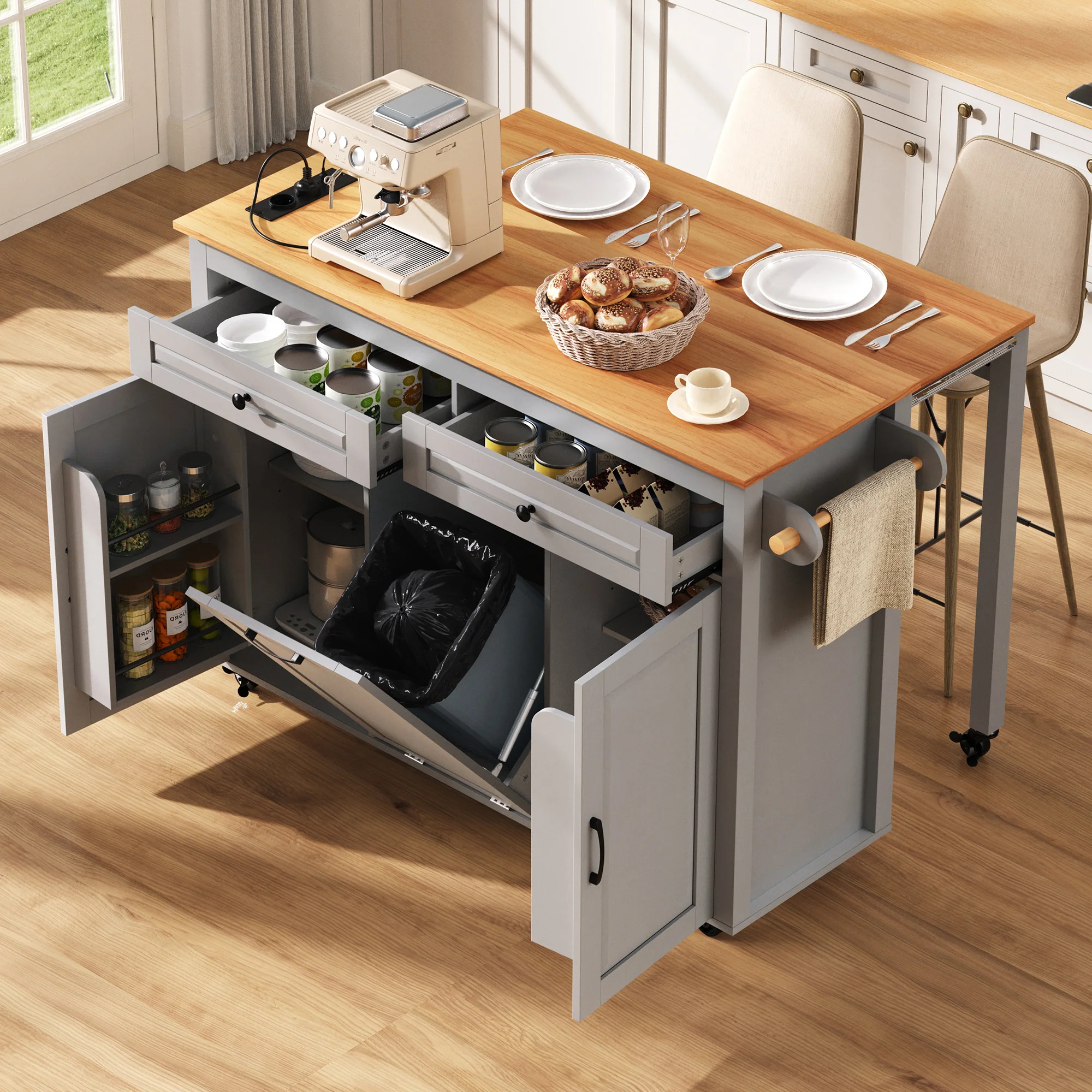 Kitchen Island on Wheels Extendable Worktop Waste Bin Power Strips - Grey - Image 2