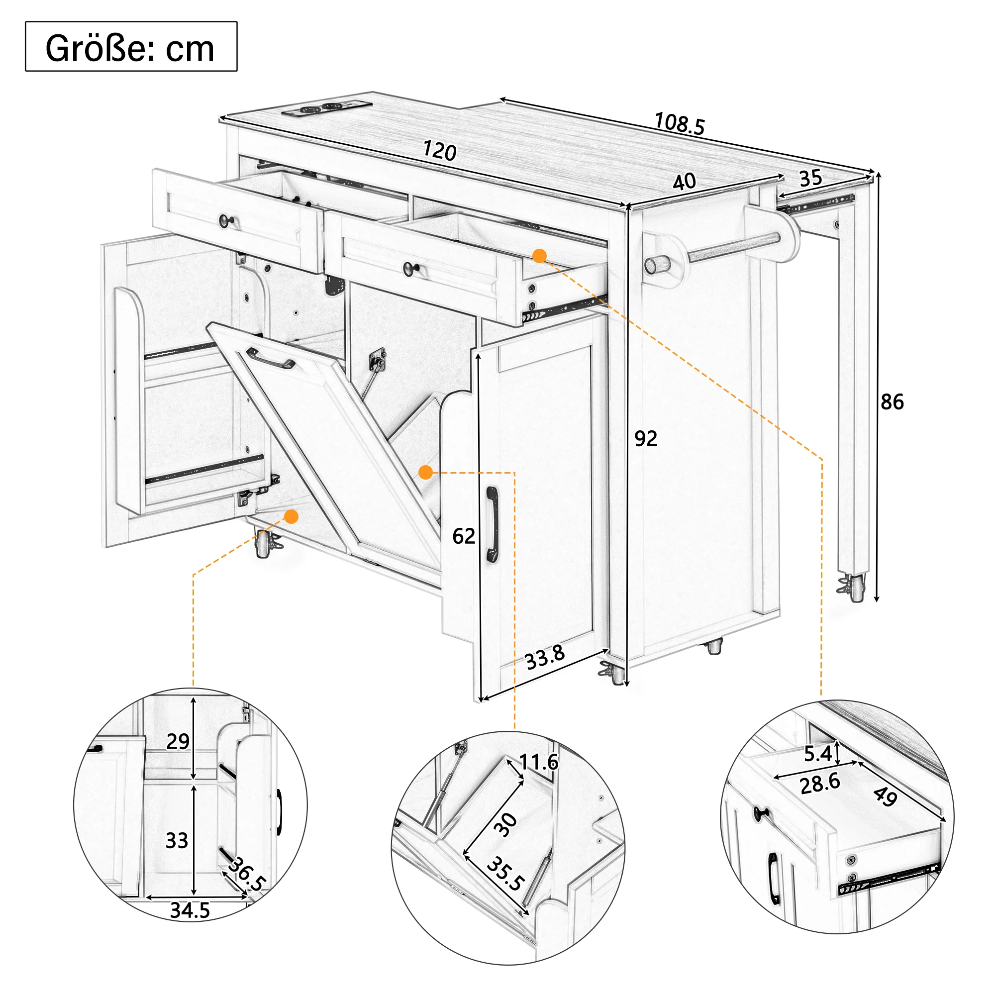 Kitchen Island on Wheels Extendable Worktop Waste Bin Power Strips - Grey - Image 5
