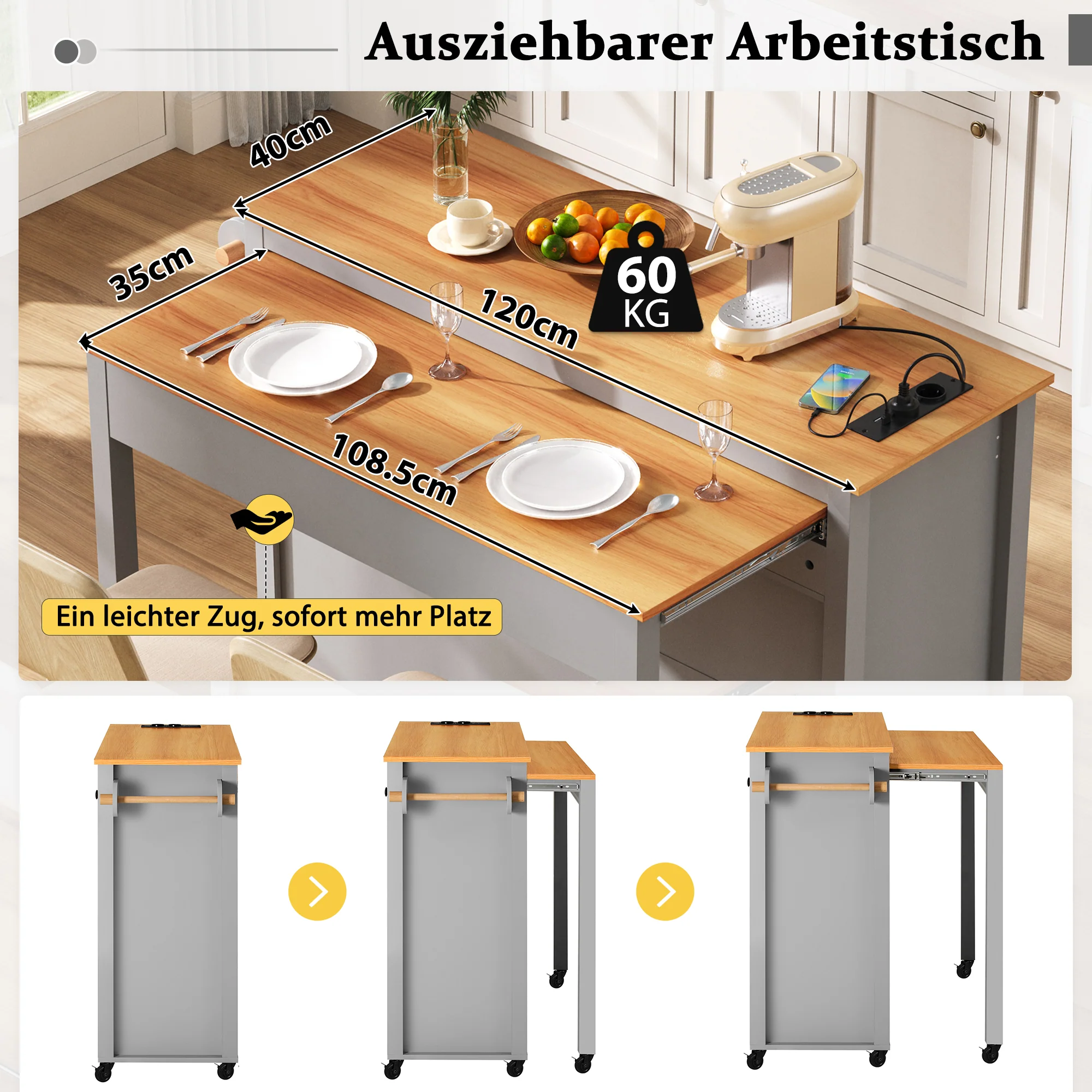 Kitchen Island on Wheels Extendable Worktop Waste Bin Power Strips - Grey - Image 7