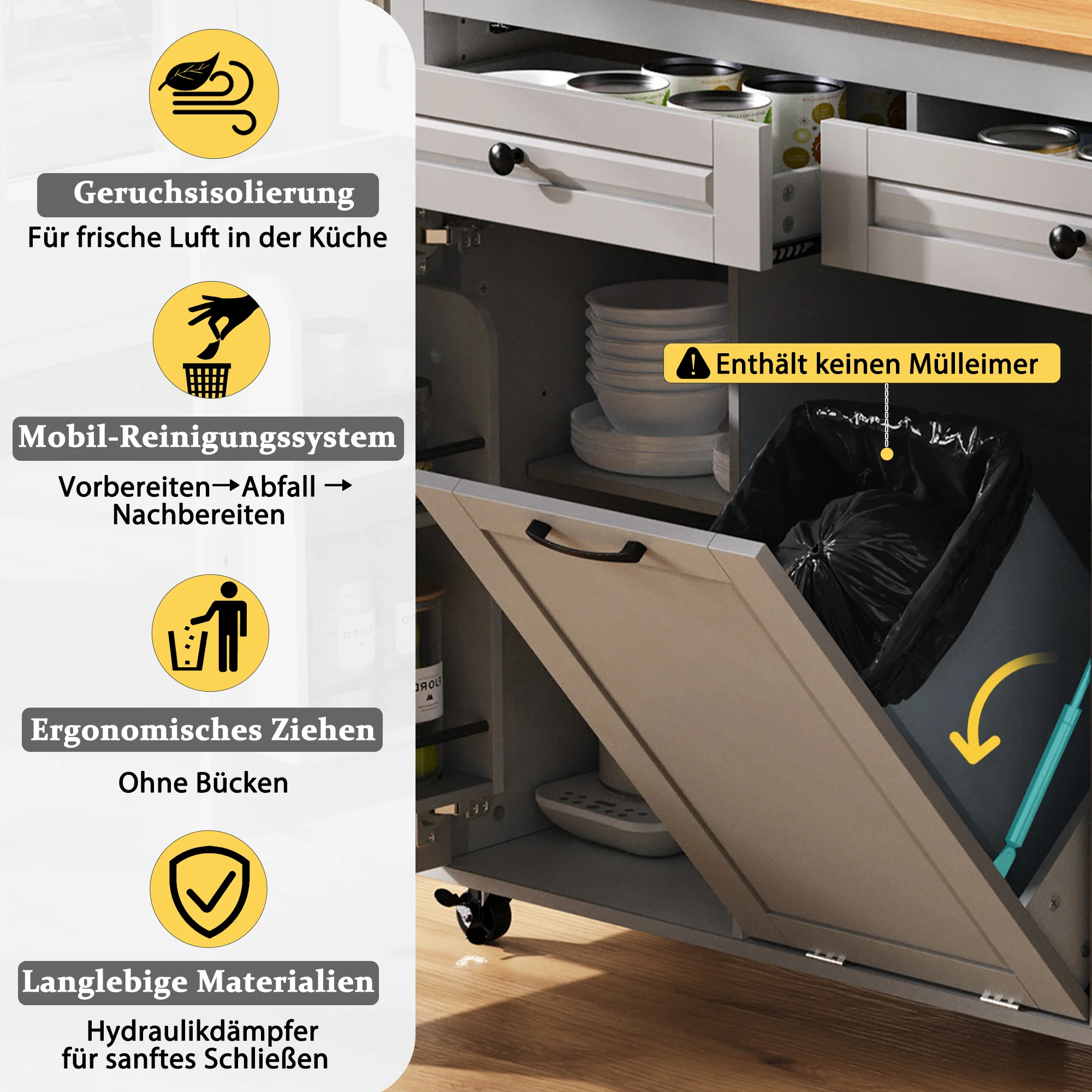 Kitchen Island on Wheels Extendable Worktop Waste Bin Power Strips - Grey - Image 9