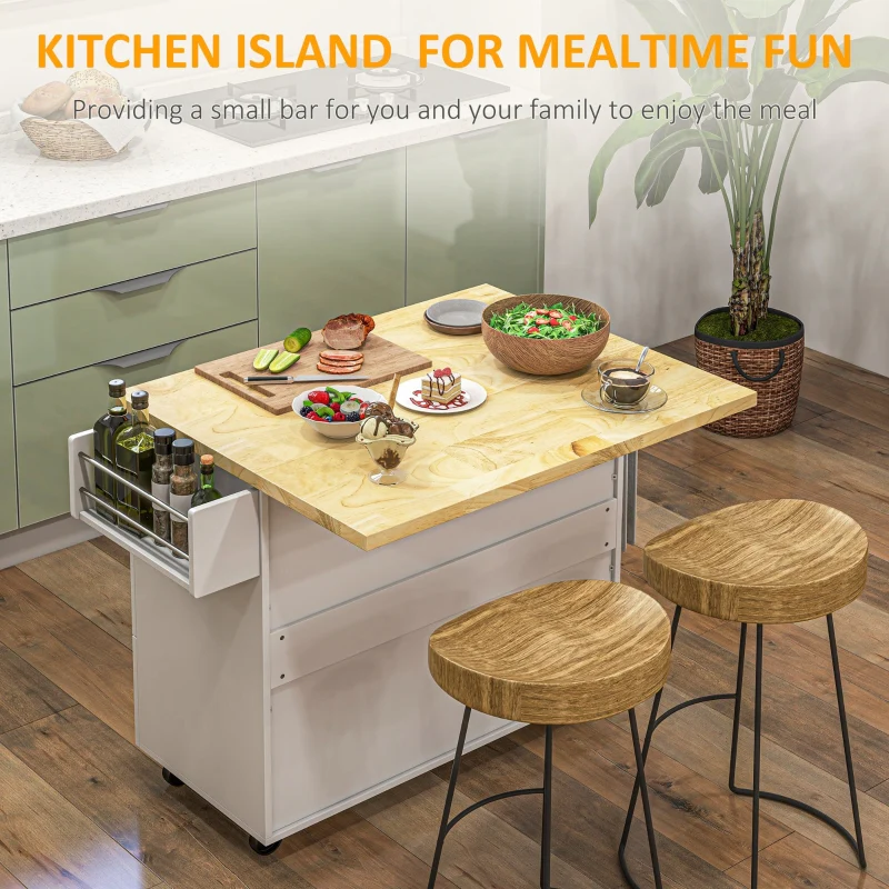 Kitchen Island on Wheels, Storage Trolley Drop Leaf Drawers Spice Rack, White
