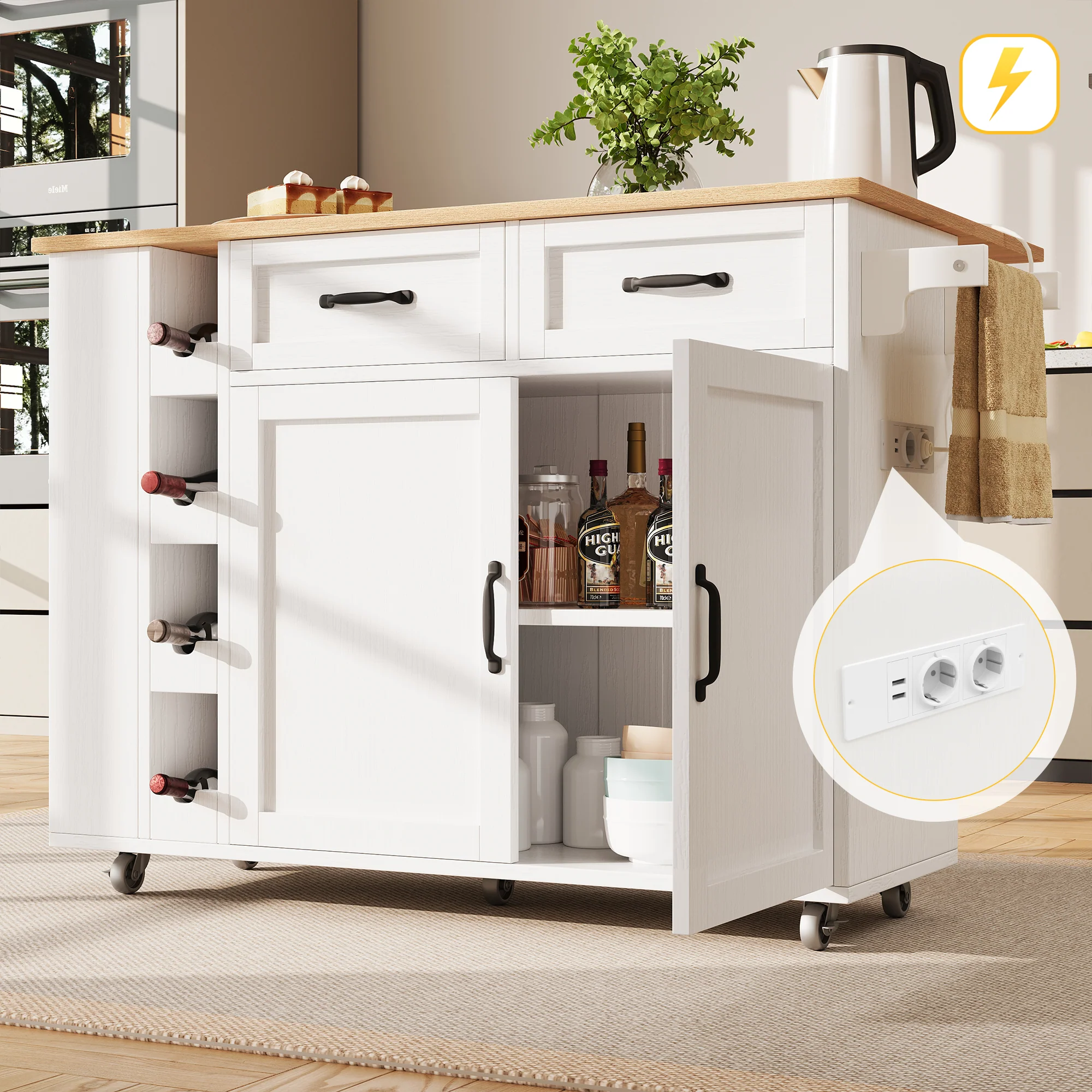 Kitchen Island Serving Cart with Power Strip, Wine Rack, Wood Grain, White
