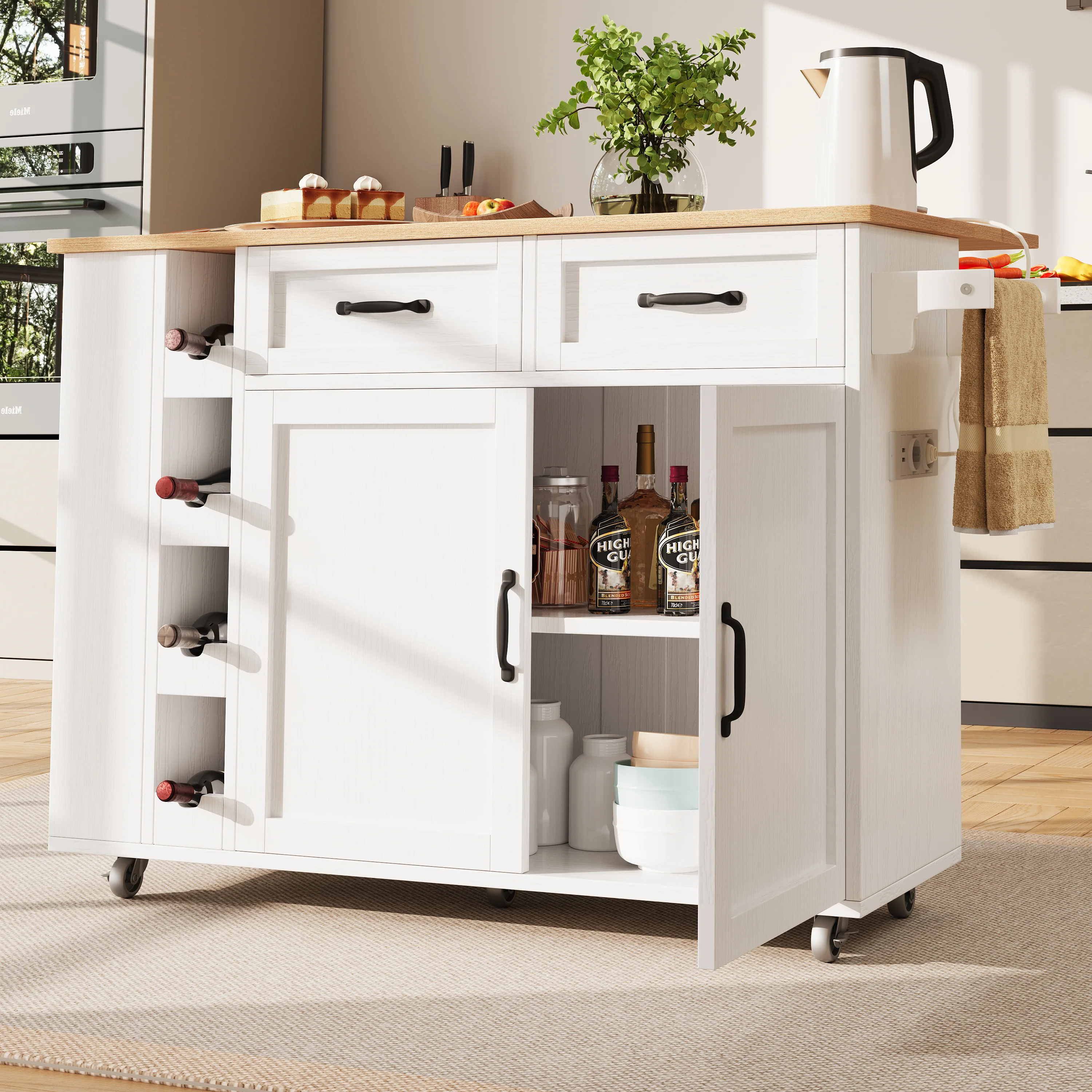 Kitchen Island Serving Cart with Power Strip, Wine Rack, Wood Grain, White - Image 2