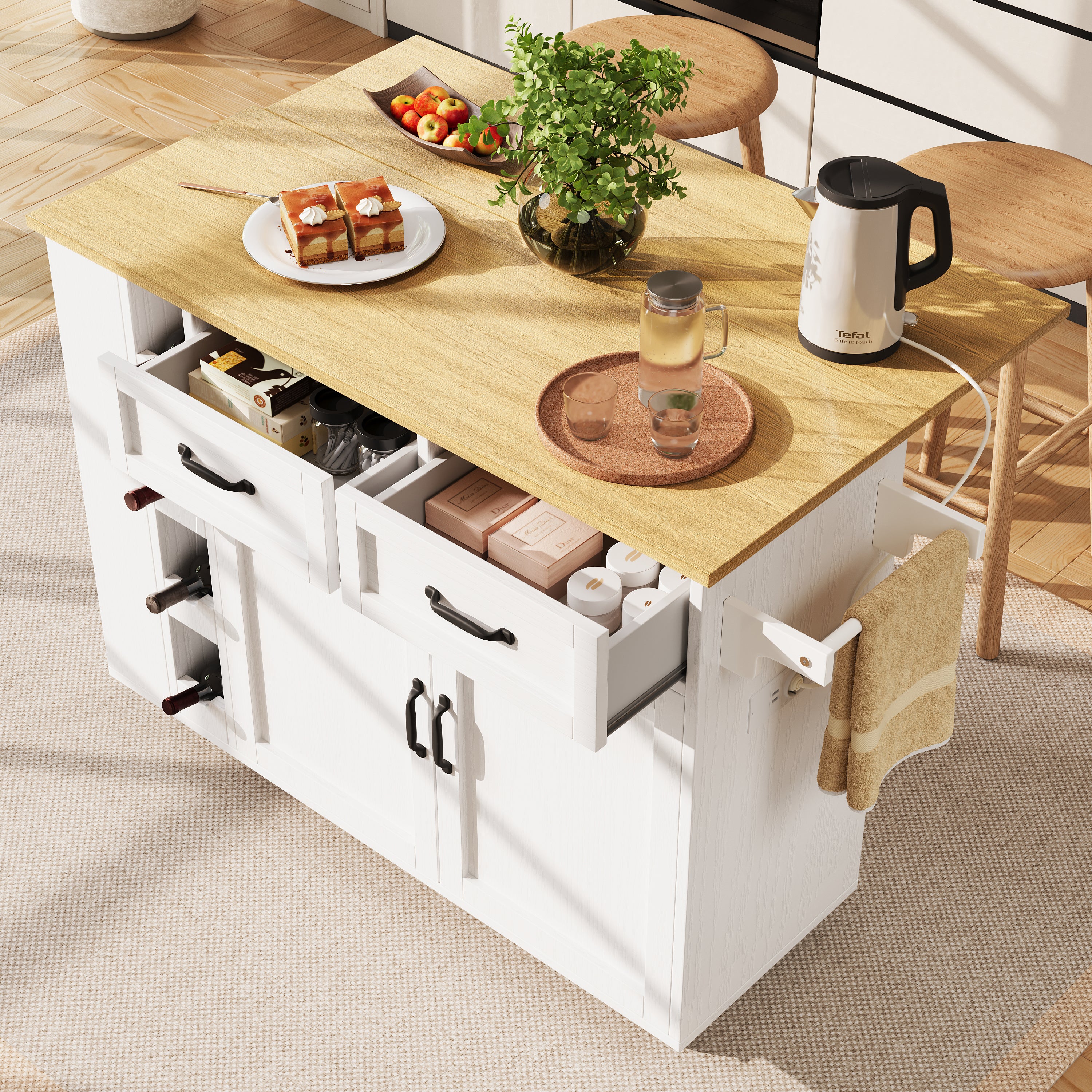 Kitchen Island Serving Cart with Power Strip, Wine Rack, Wood Grain, White - Image 3