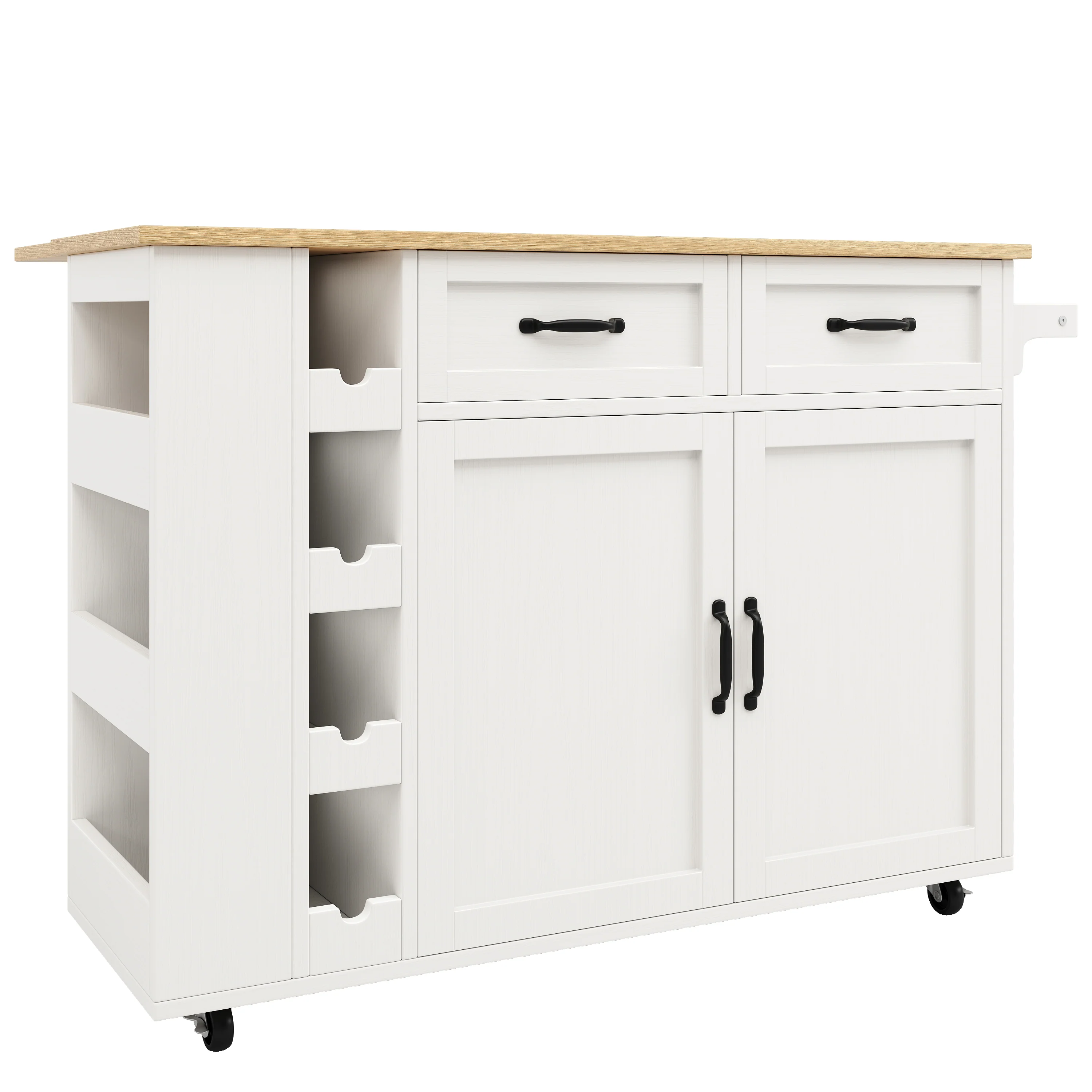 Kitchen Island Serving Cart with Power Strip, Wine Rack, Wood Grain, White - Image 4