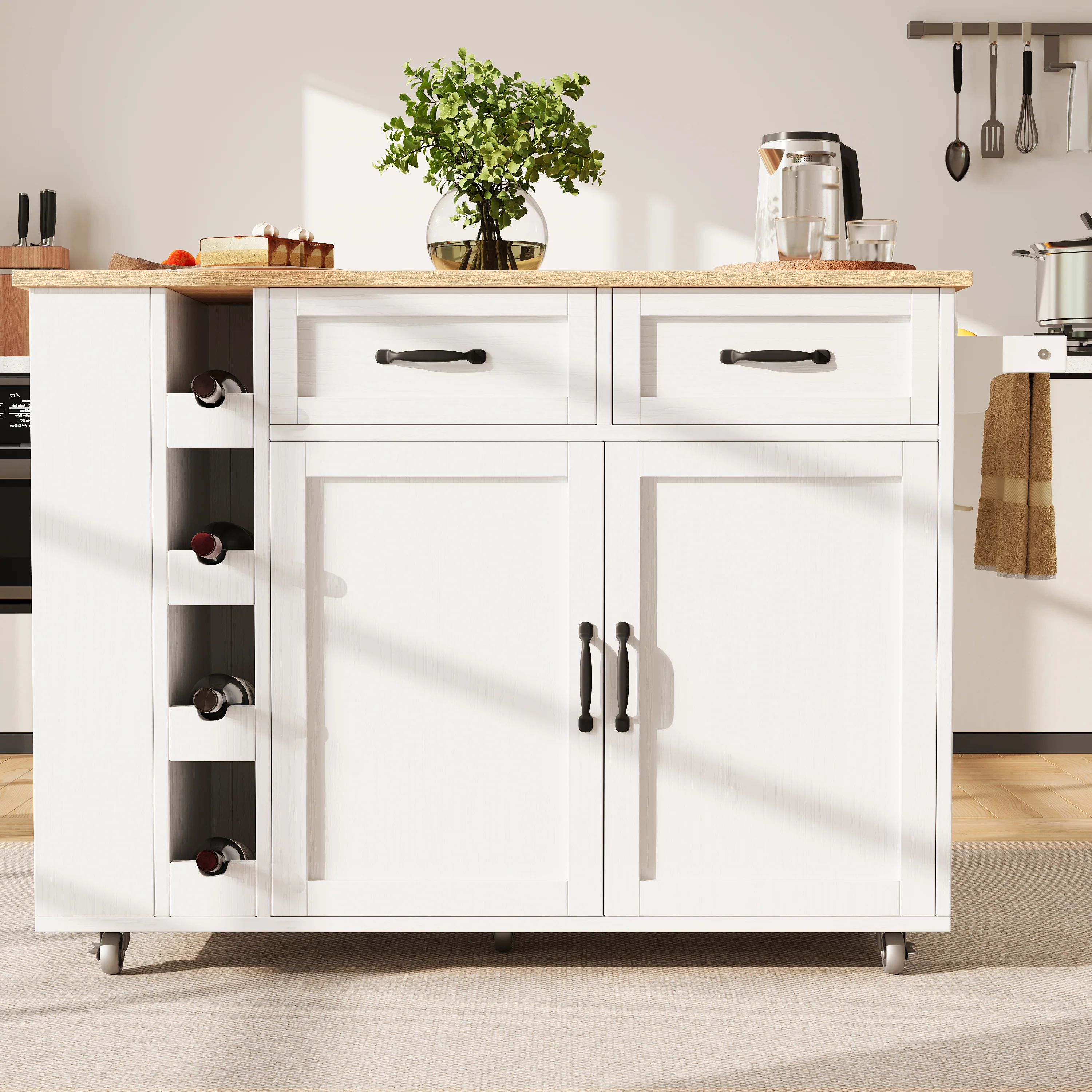 Kitchen Island Serving Cart with Power Strip, Wine Rack, Wood Grain, White - Image 5