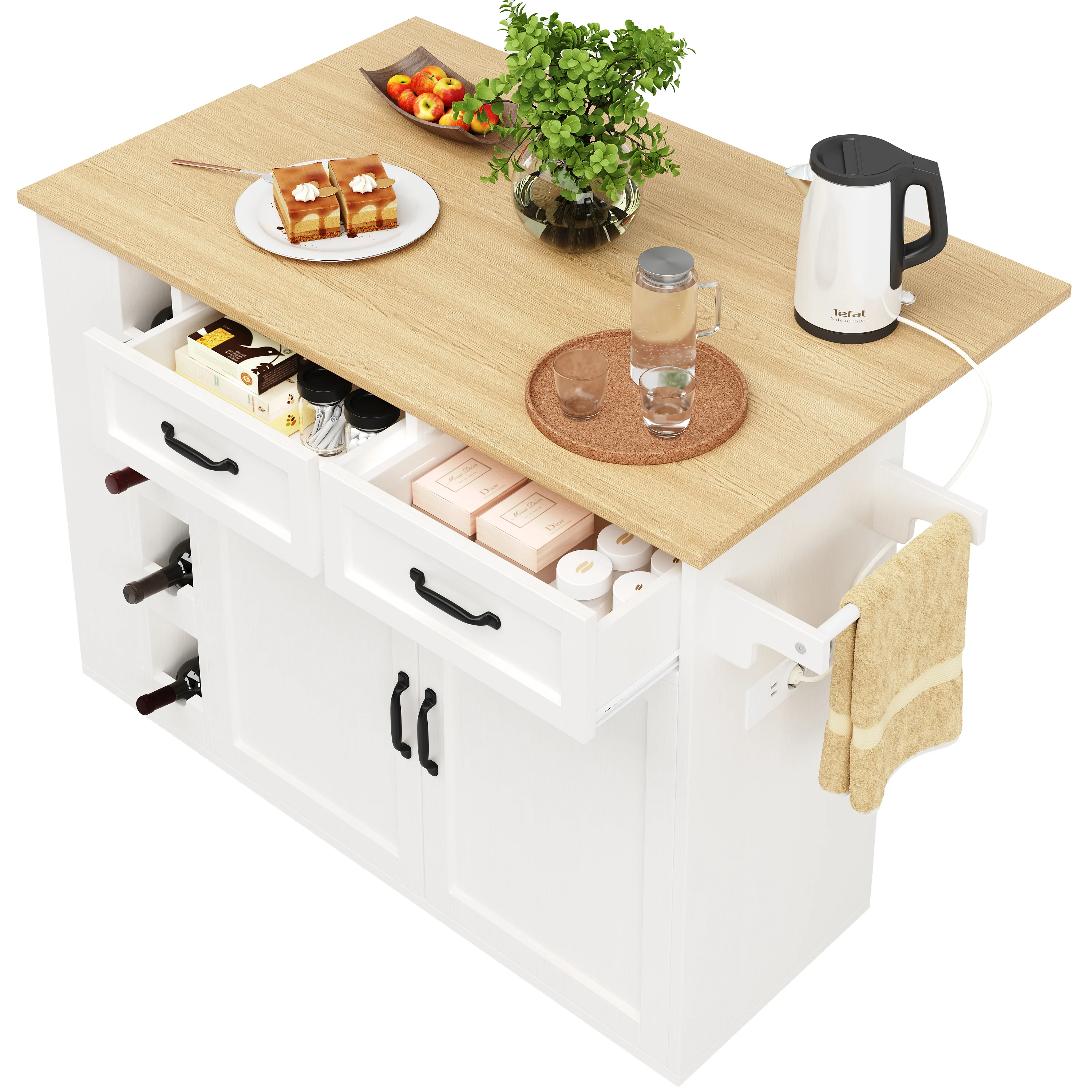 Kitchen Island Serving Cart with Power Strip, Wine Rack, Wood Grain, White - Image 6
