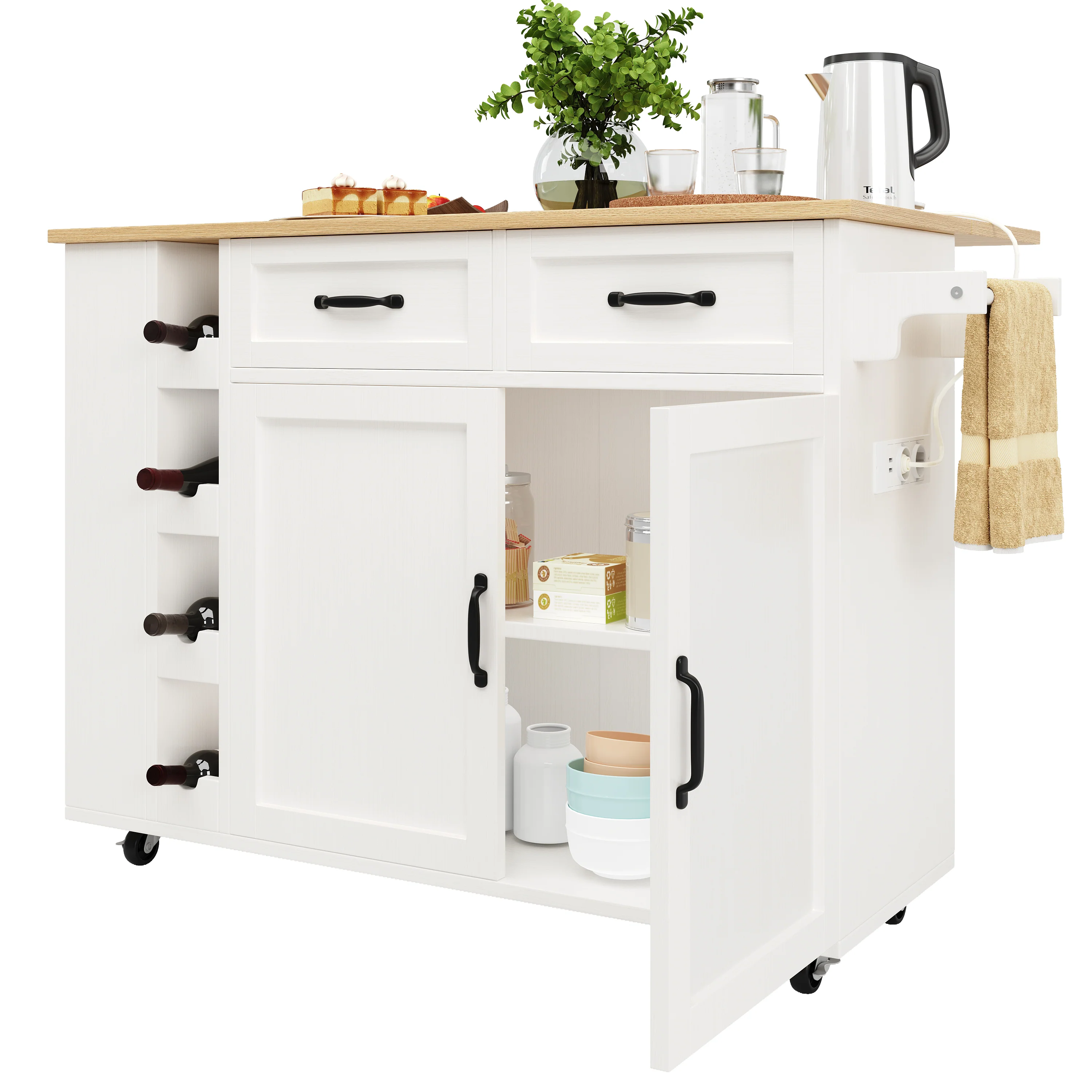 Kitchen Island Serving Cart with Power Strip, Wine Rack, Wood Grain, White - Image 7