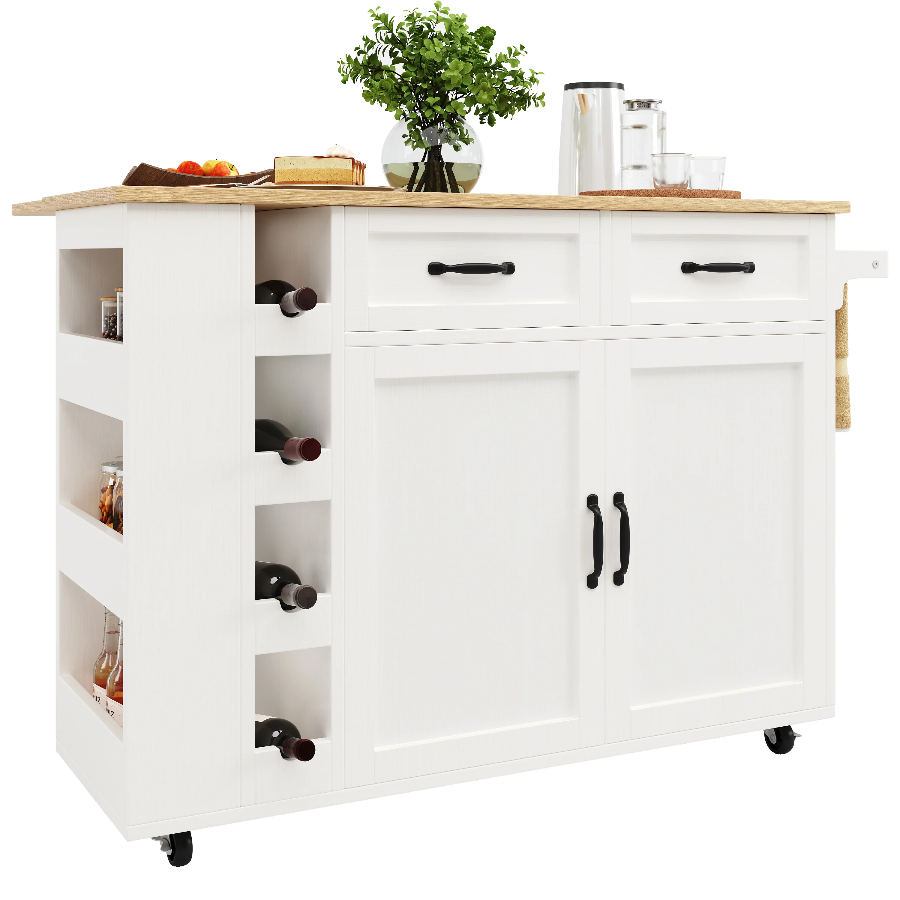 Kitchen Island Serving Cart with Power Strip, Wine Rack, Wood Grain, White - Image 8