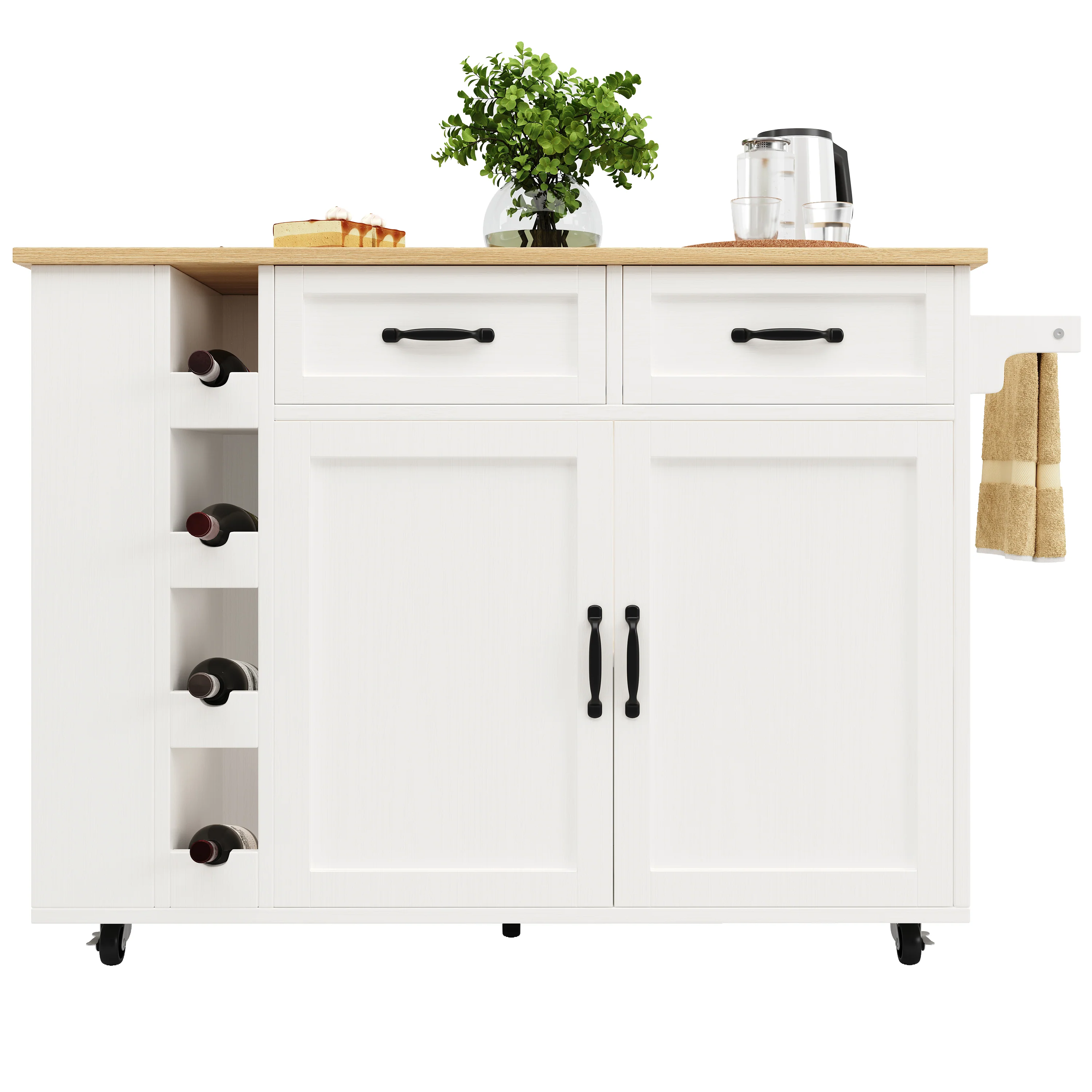 Kitchen Island Serving Cart with Power Strip, Wine Rack, Wood Grain, White - Image 9