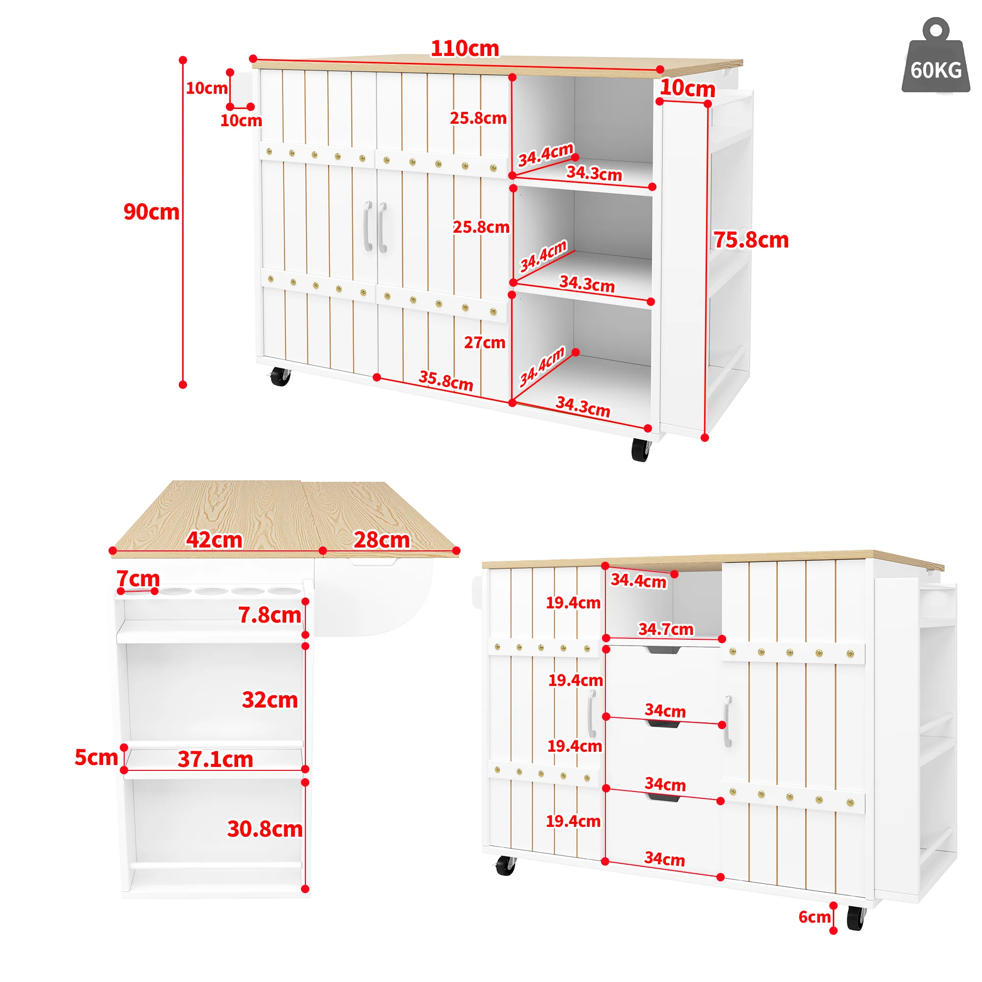 Kitchen Island Serving Cart with Wheels, Worktop, Sliding Doors & Drawers - White - Image 10