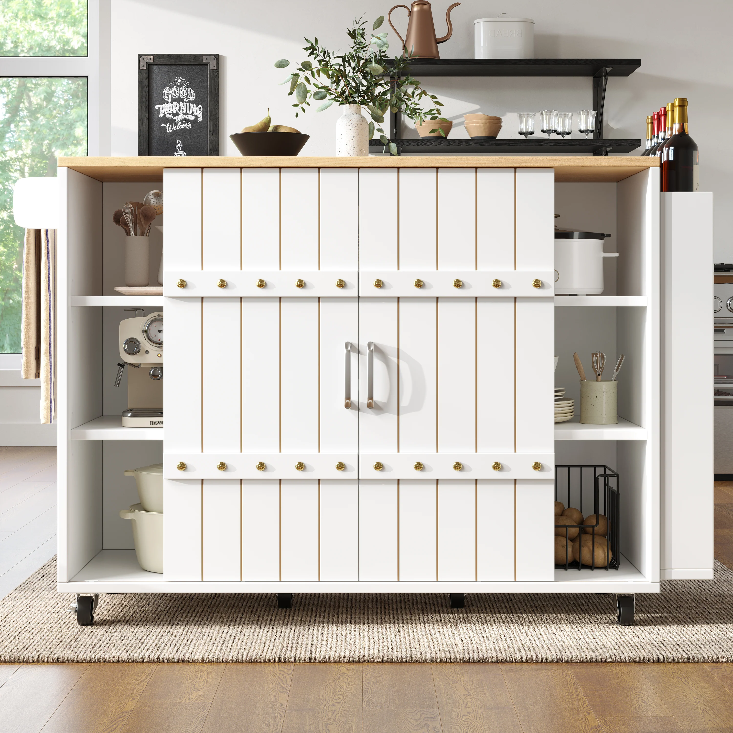 Kitchen Island Serving Cart with Wheels, Worktop, Sliding Doors & Drawers - White - Image 3