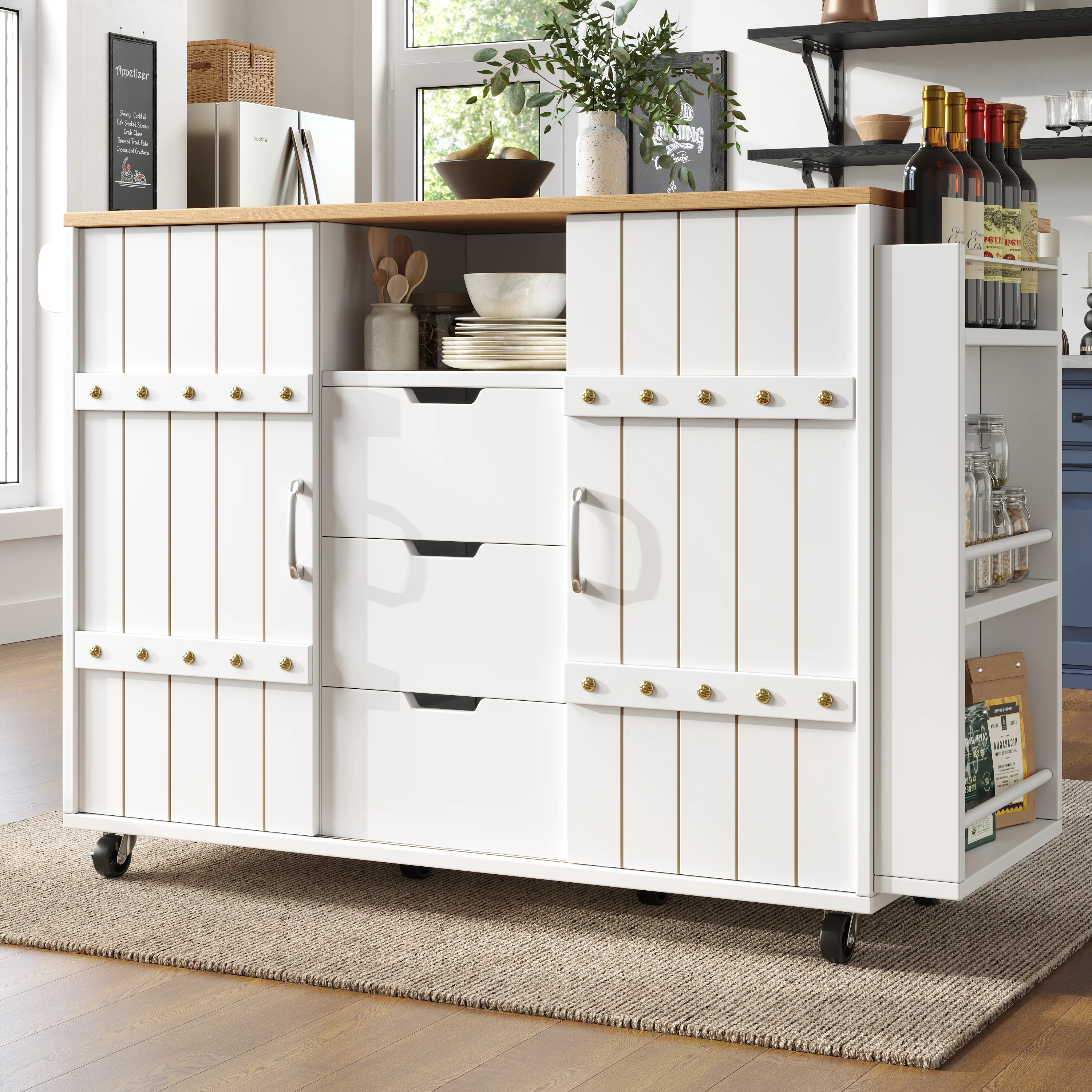 Kitchen Island Serving Cart with Wheels, Worktop, Sliding Doors & Drawers - White - Image 4
