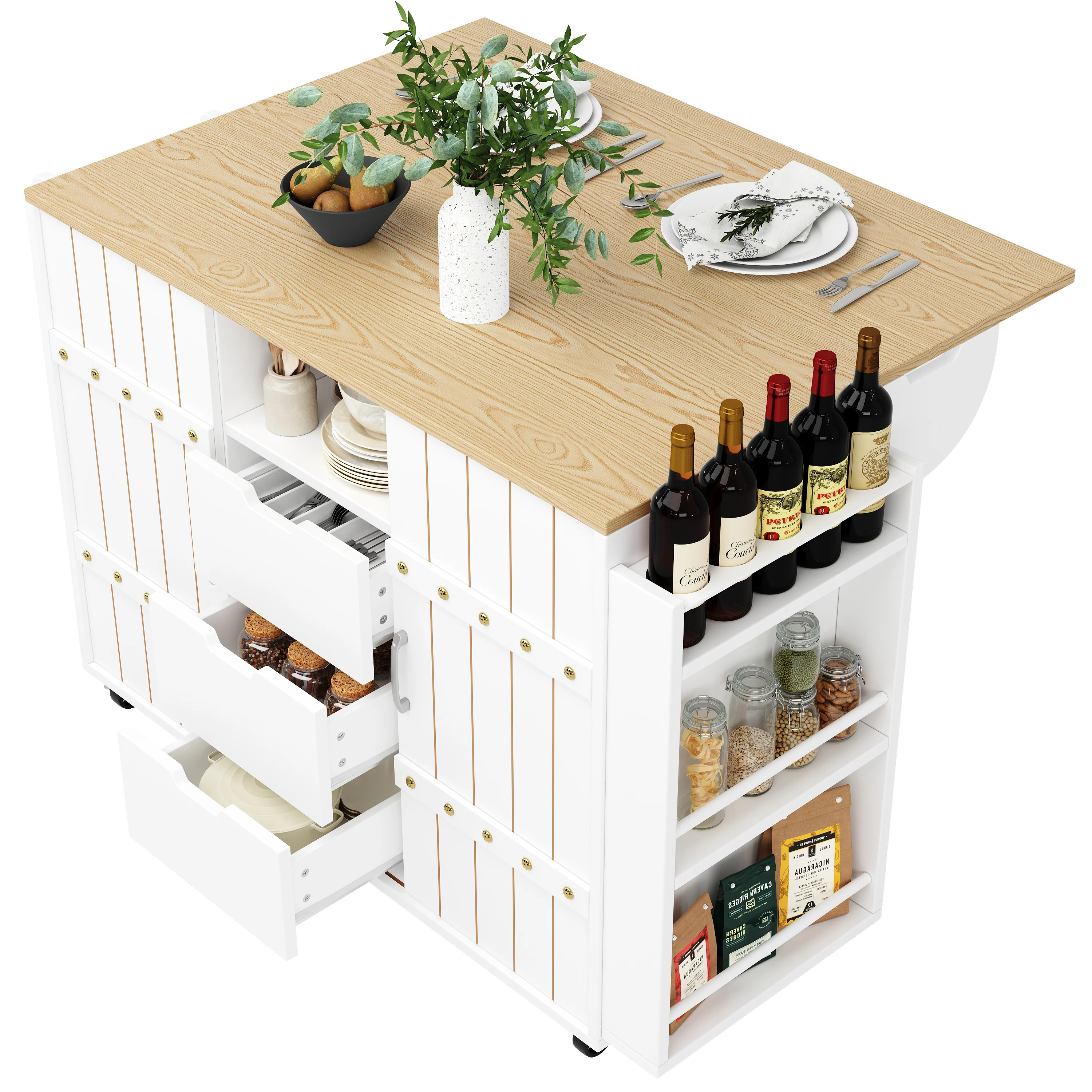 Kitchen Island Serving Cart with Wheels, Worktop, Sliding Doors & Drawers - White - Image 5