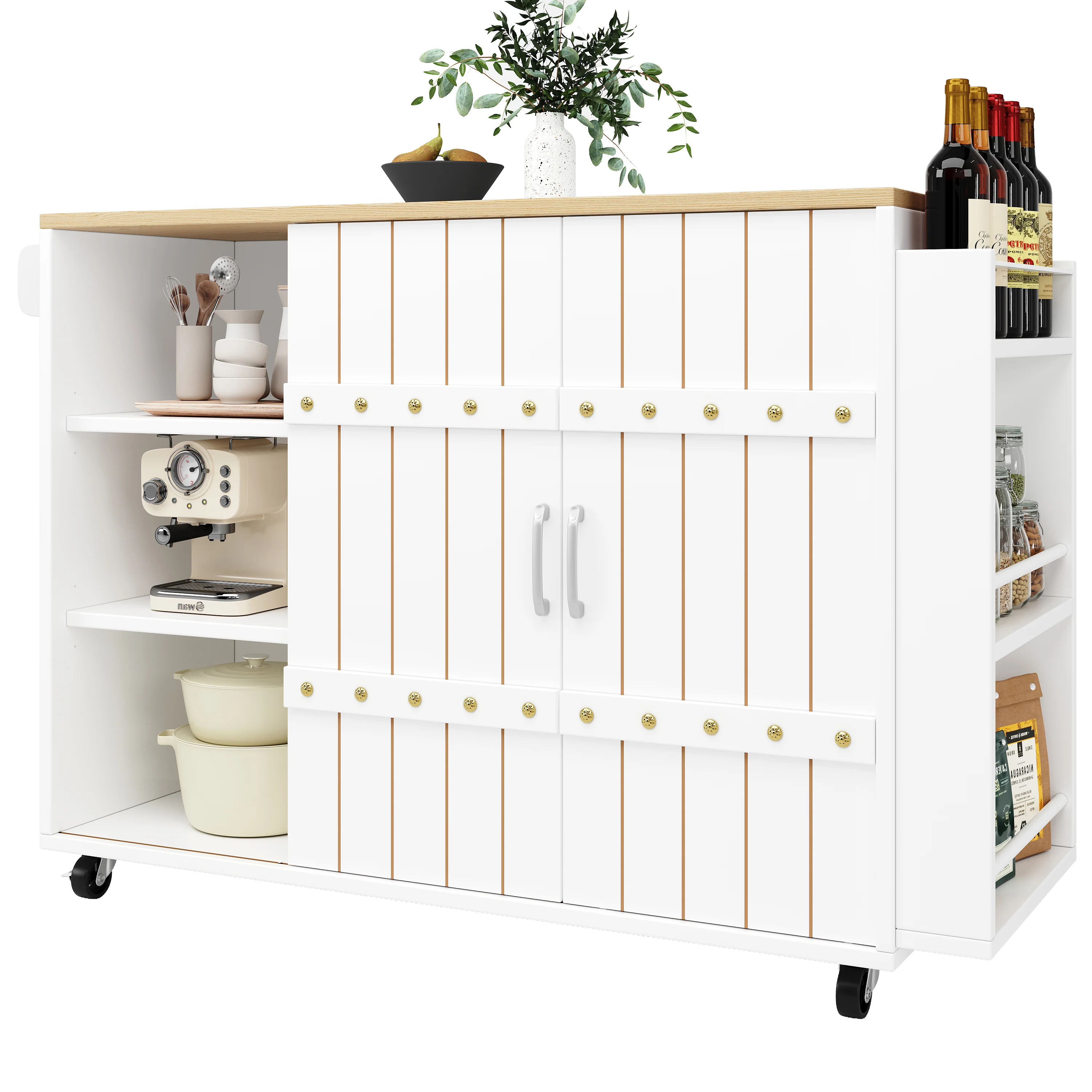 Kitchen Island Serving Cart with Wheels, Worktop, Sliding Doors & Drawers - White - Image 6