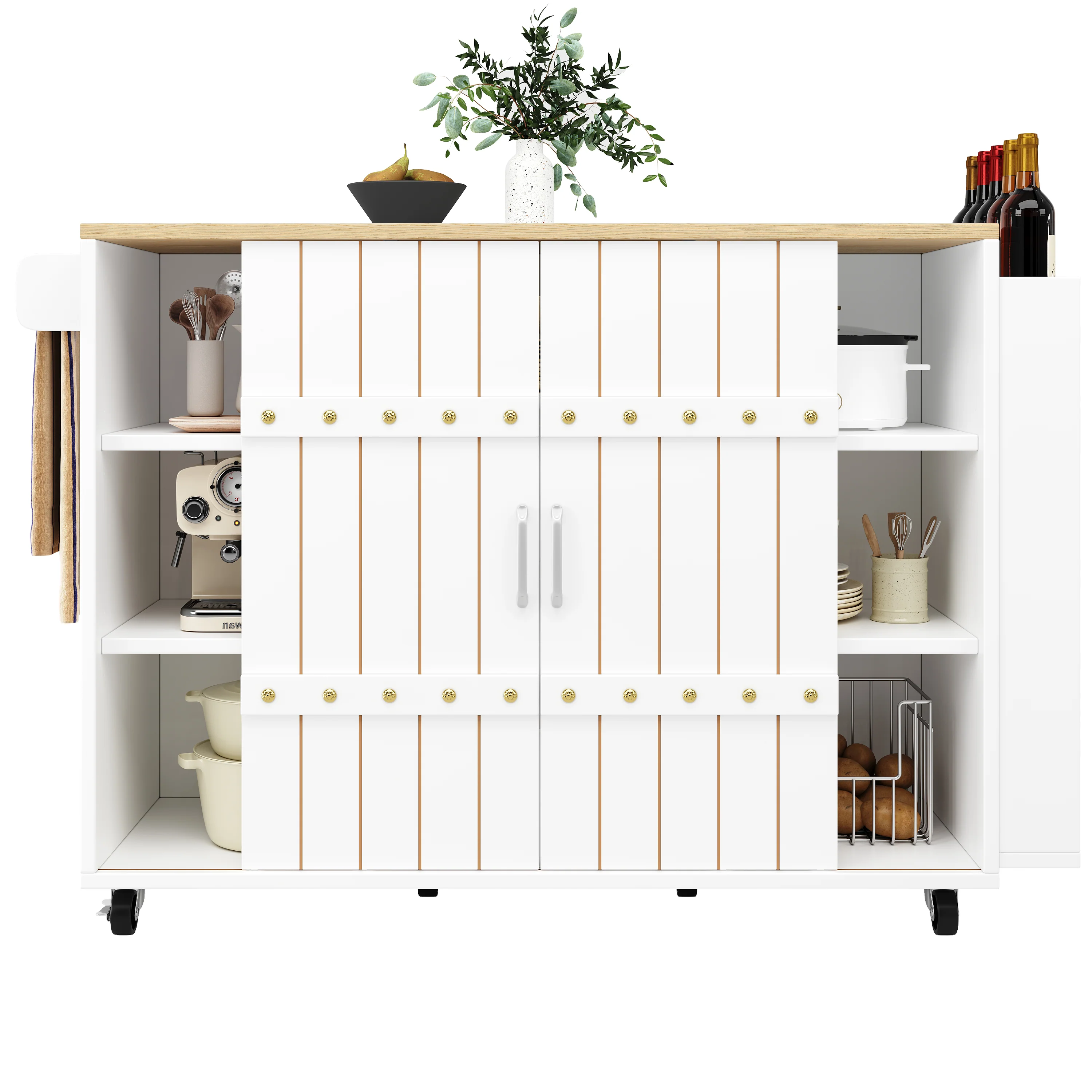 Kitchen Island Serving Cart with Wheels, Worktop, Sliding Doors & Drawers - White - Image 7