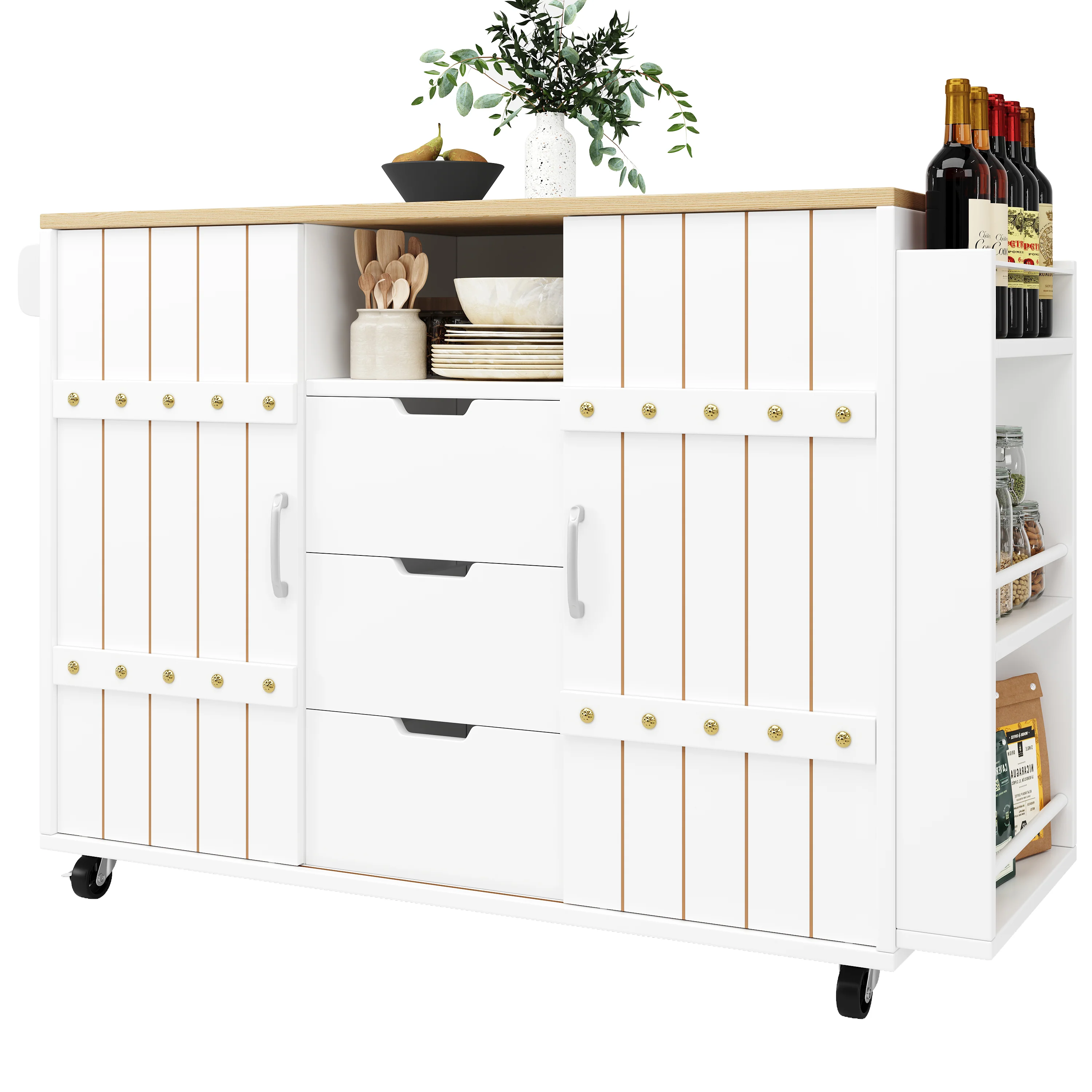 Kitchen Island Serving Cart with Wheels, Worktop, Sliding Doors & Drawers - White - Image 8