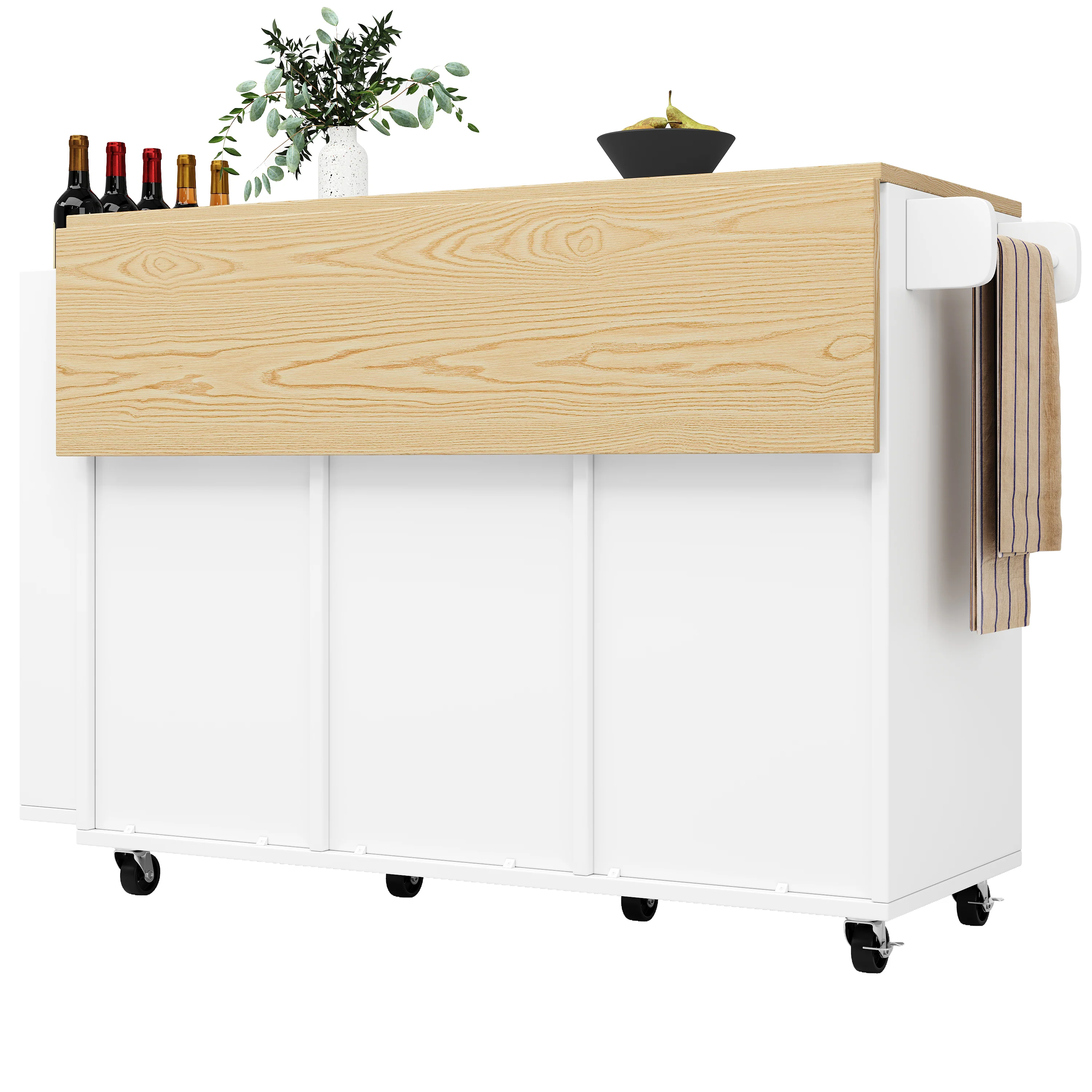 Kitchen Island Serving Cart with Wheels, Worktop, Sliding Doors & Drawers - White - Image 9