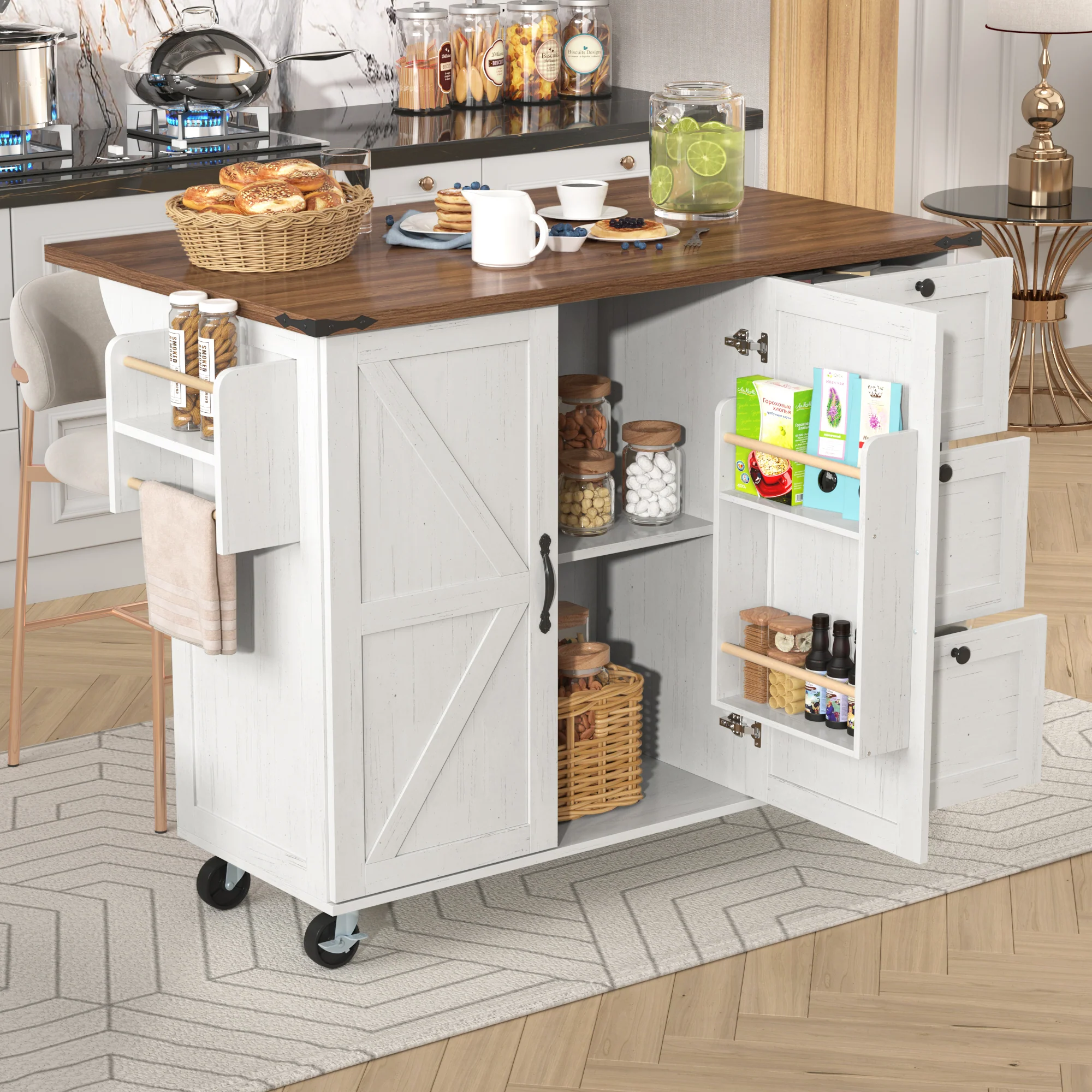 Kitchen Island Serving Trolley Extendable Worktop Storage Cabinet 2 Doors 3 Drawers, Wood Grain Finish - Image 2