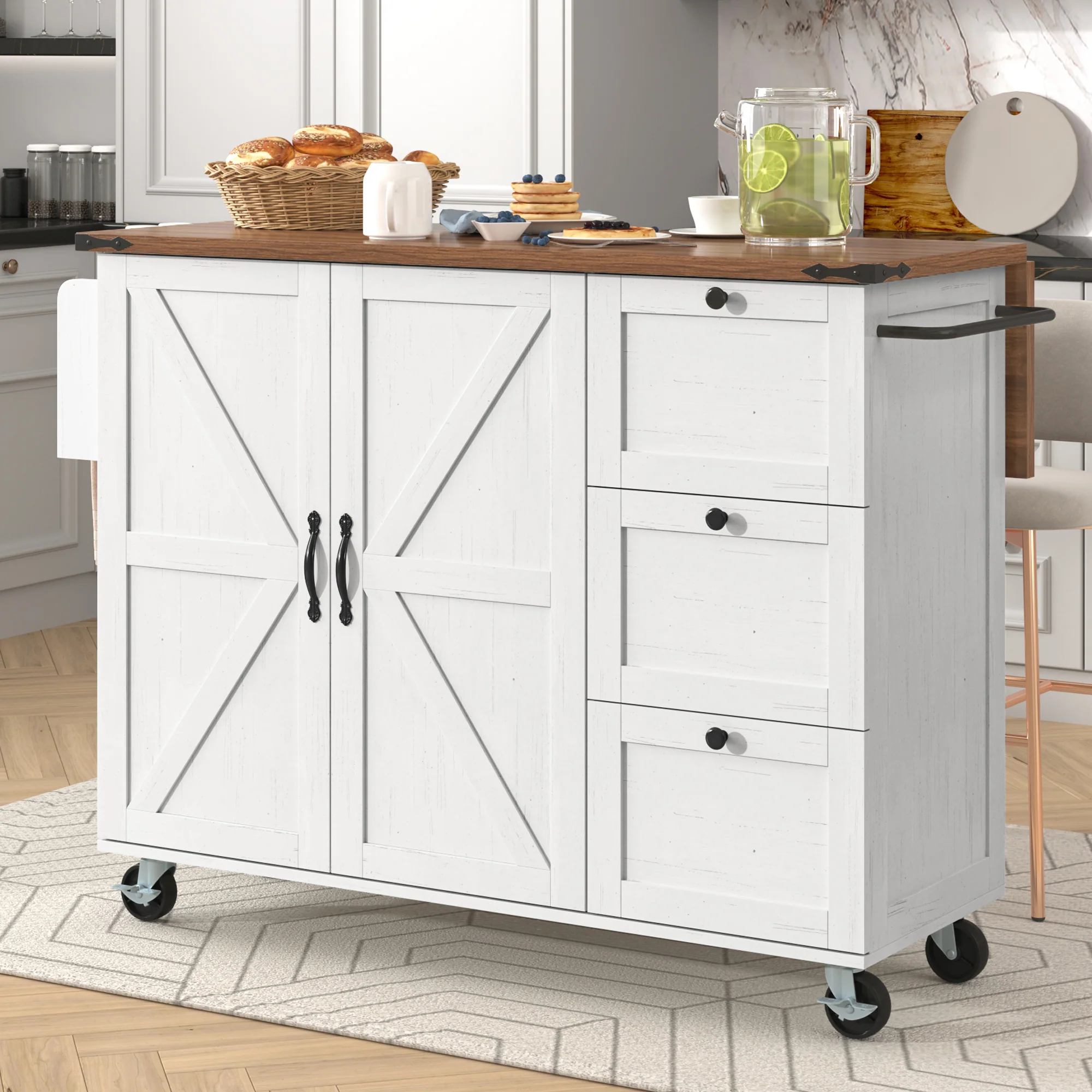 Kitchen Island Serving Trolley Extendable Worktop Storage Cabinet 2 Doors 3 Drawers, Wood Grain Finish - Image 3