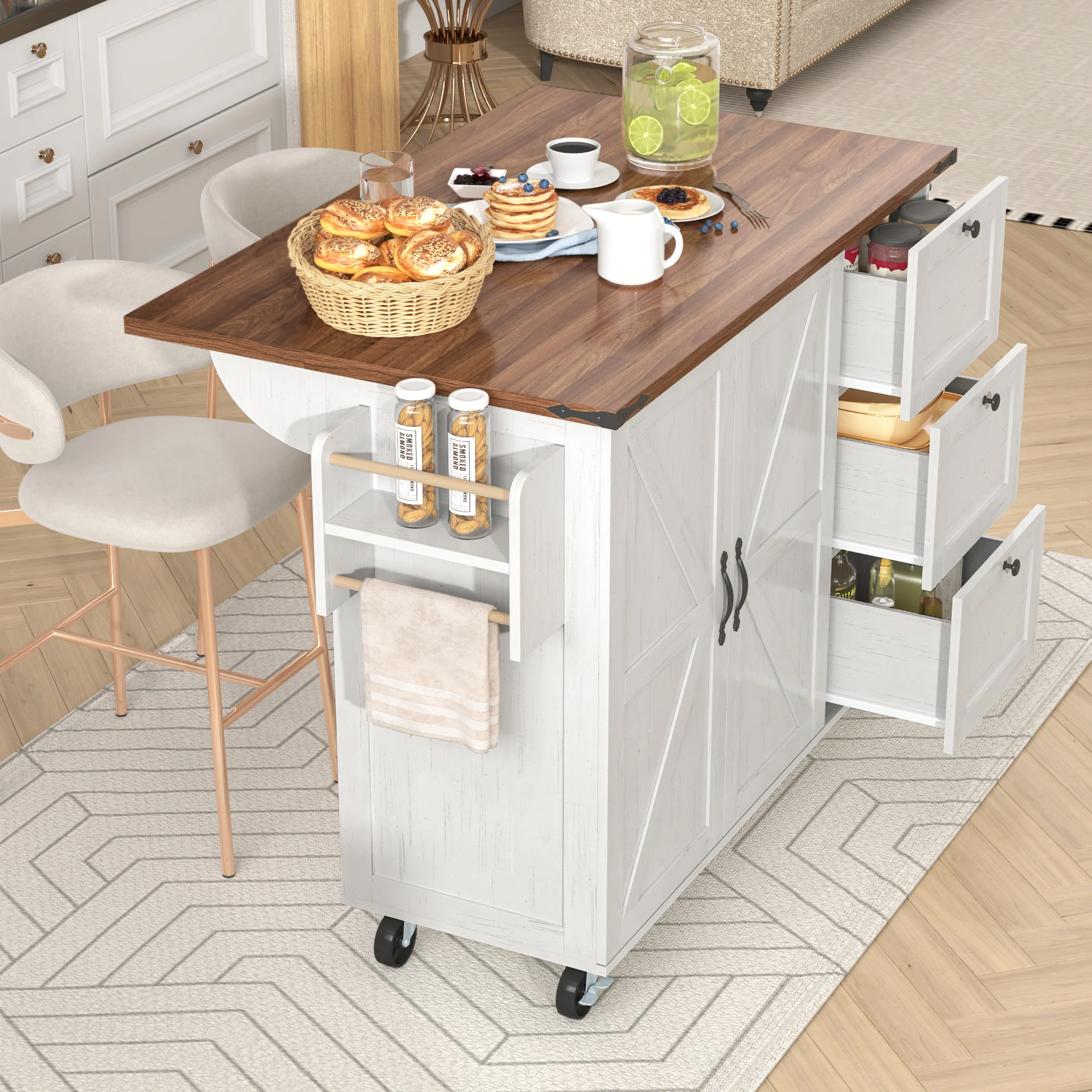 Kitchen Island Serving Trolley Extendable Worktop Storage Cabinet 2 Doors 3 Drawers, Wood Grain Finish - Image 4