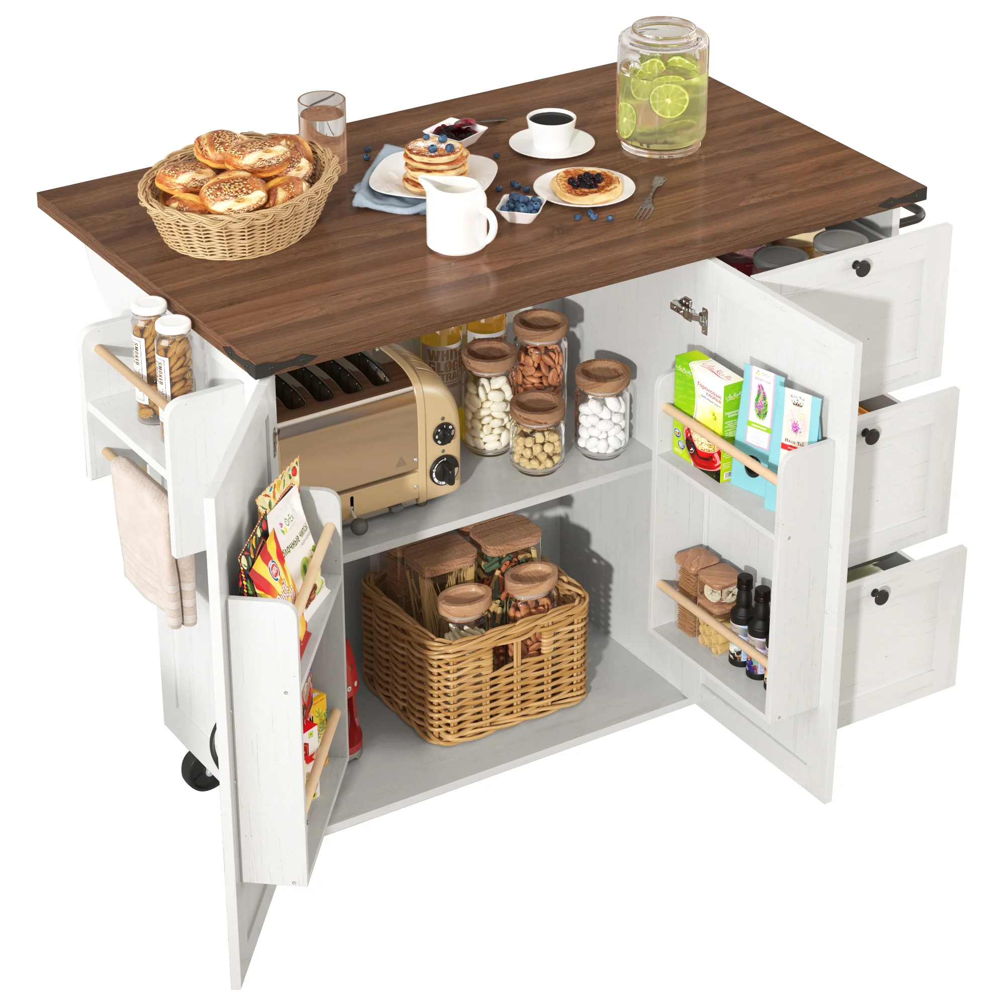 Kitchen Island Serving Trolley Extendable Worktop Storage Cabinet 2 Doors 3 Drawers, Wood Grain Finish - Image 6