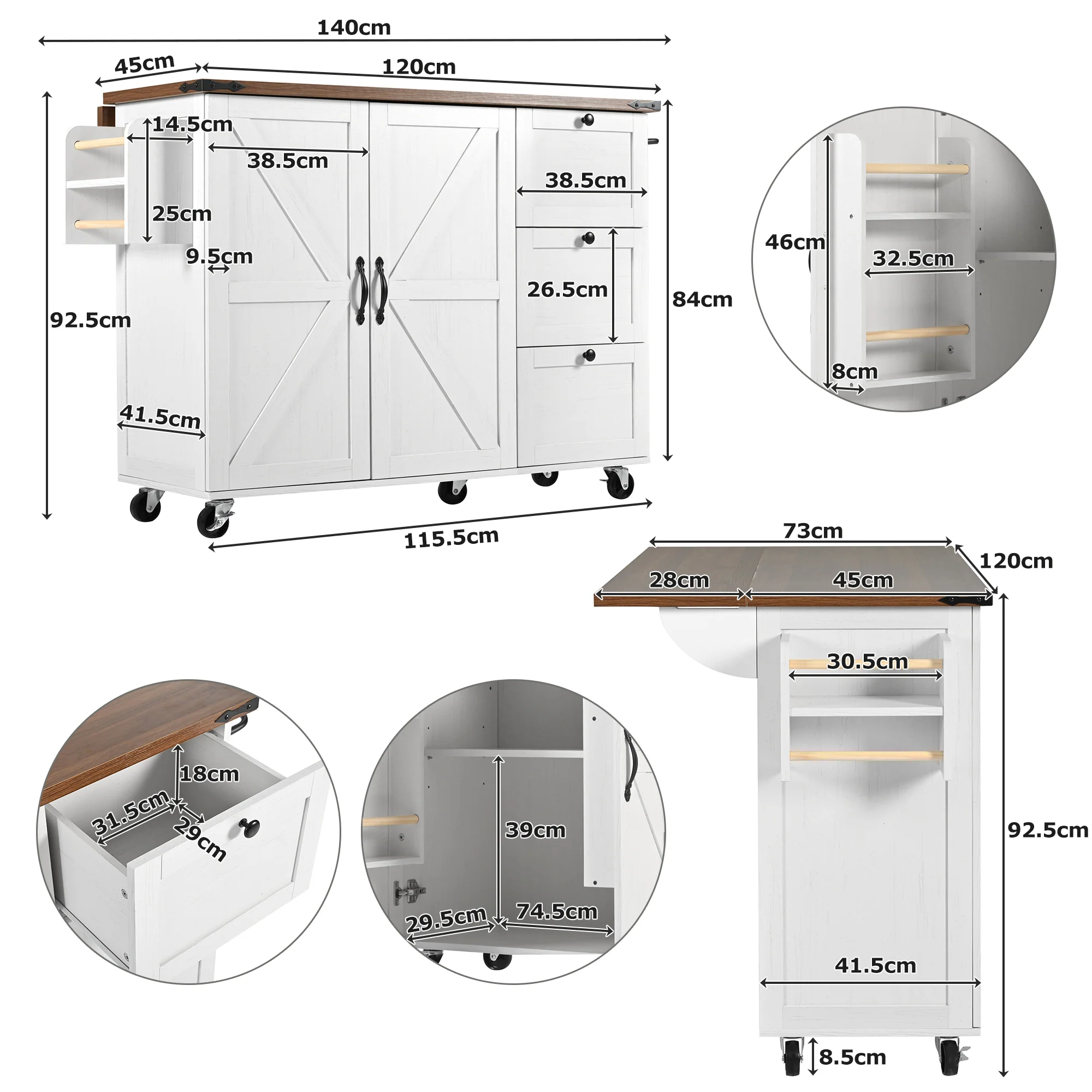 Kitchen Island Serving Trolley Extendable Worktop Storage Cabinet 2 Doors 3 Drawers, Wood Grain Finish - Image 7