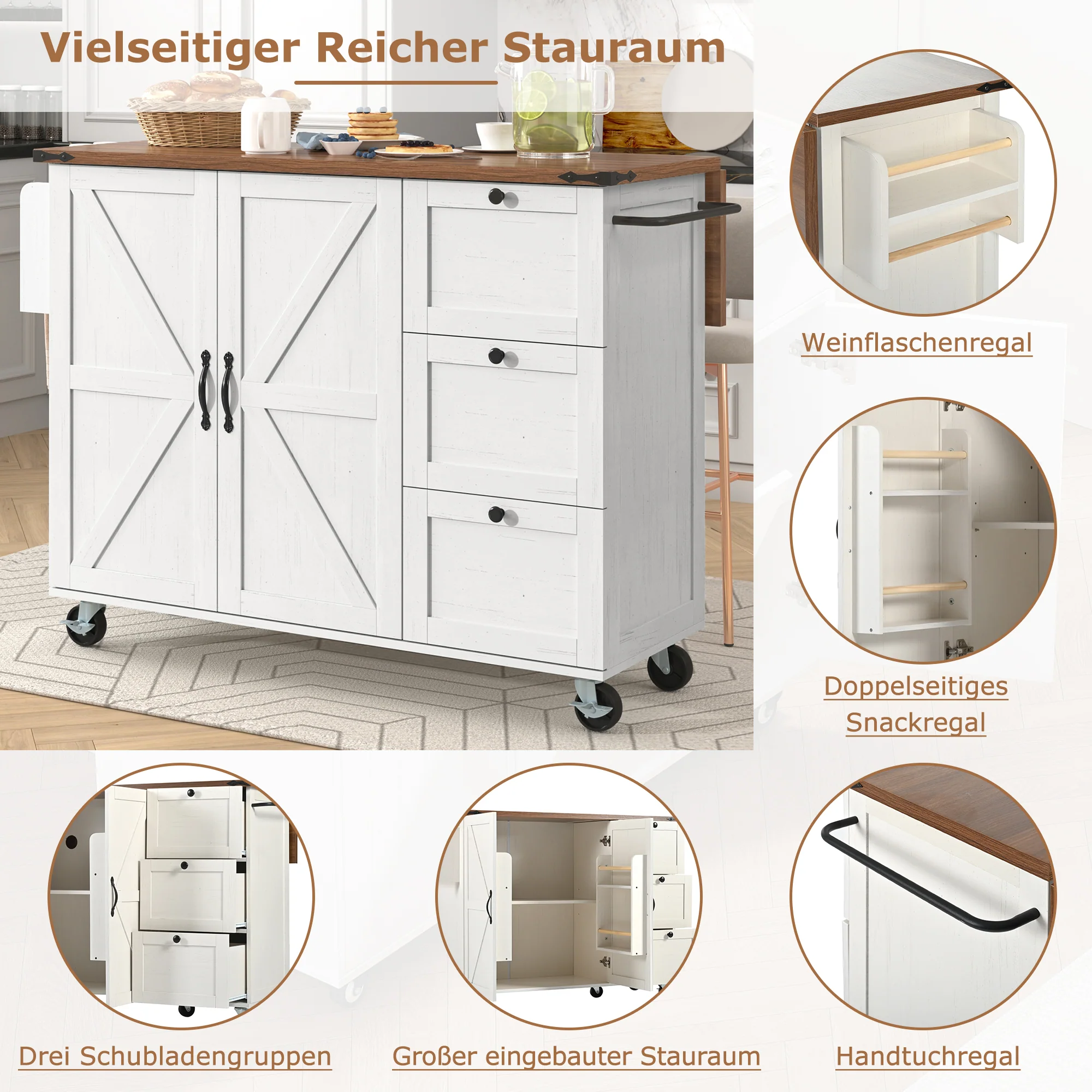 Kitchen Island Serving Trolley Extendable Worktop Storage Cabinet 2 Doors 3 Drawers, Wood Grain Finish - Image 9