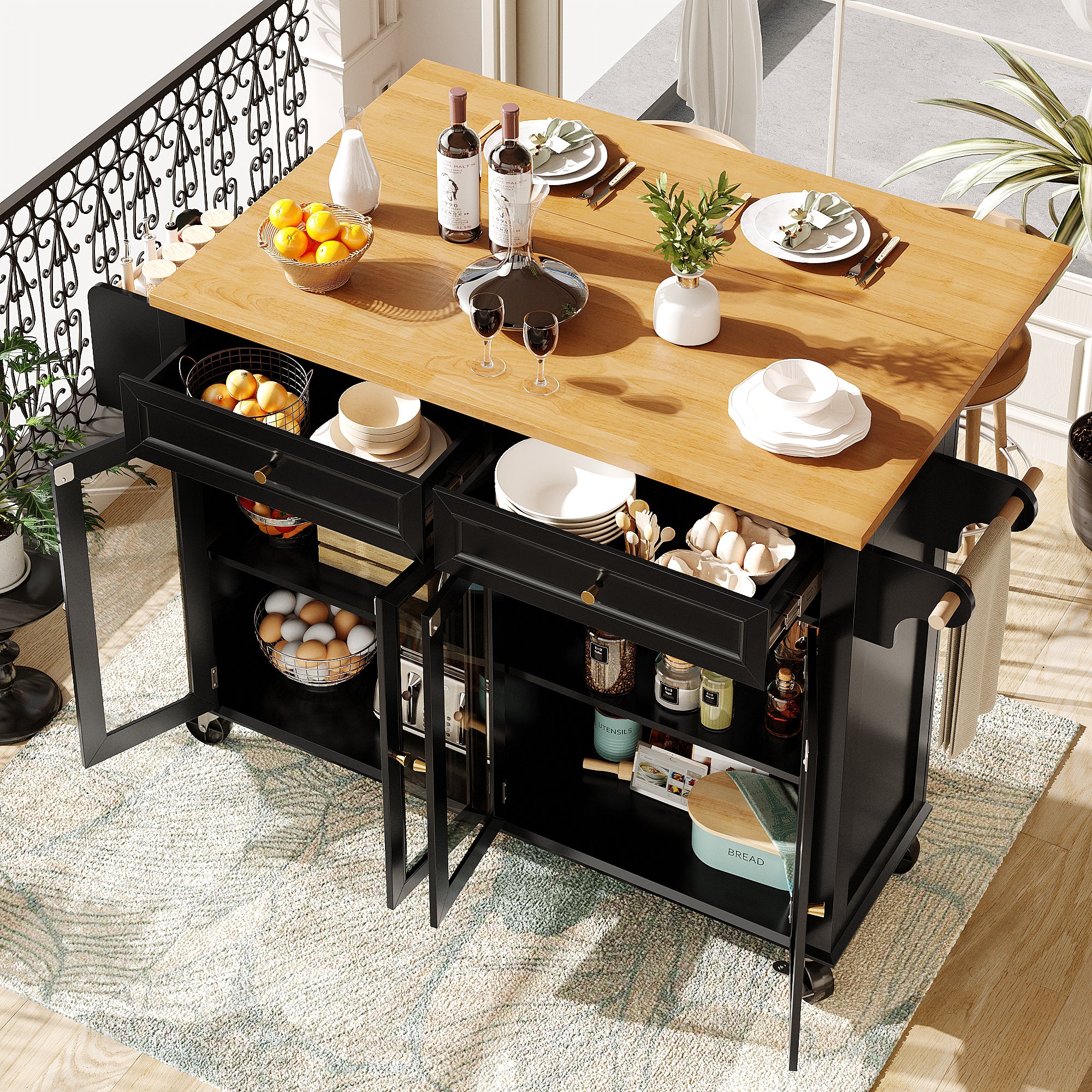 Kitchen Island Serving Trolley Mobile with Wheels Glass Doors Storage Black - Image 2