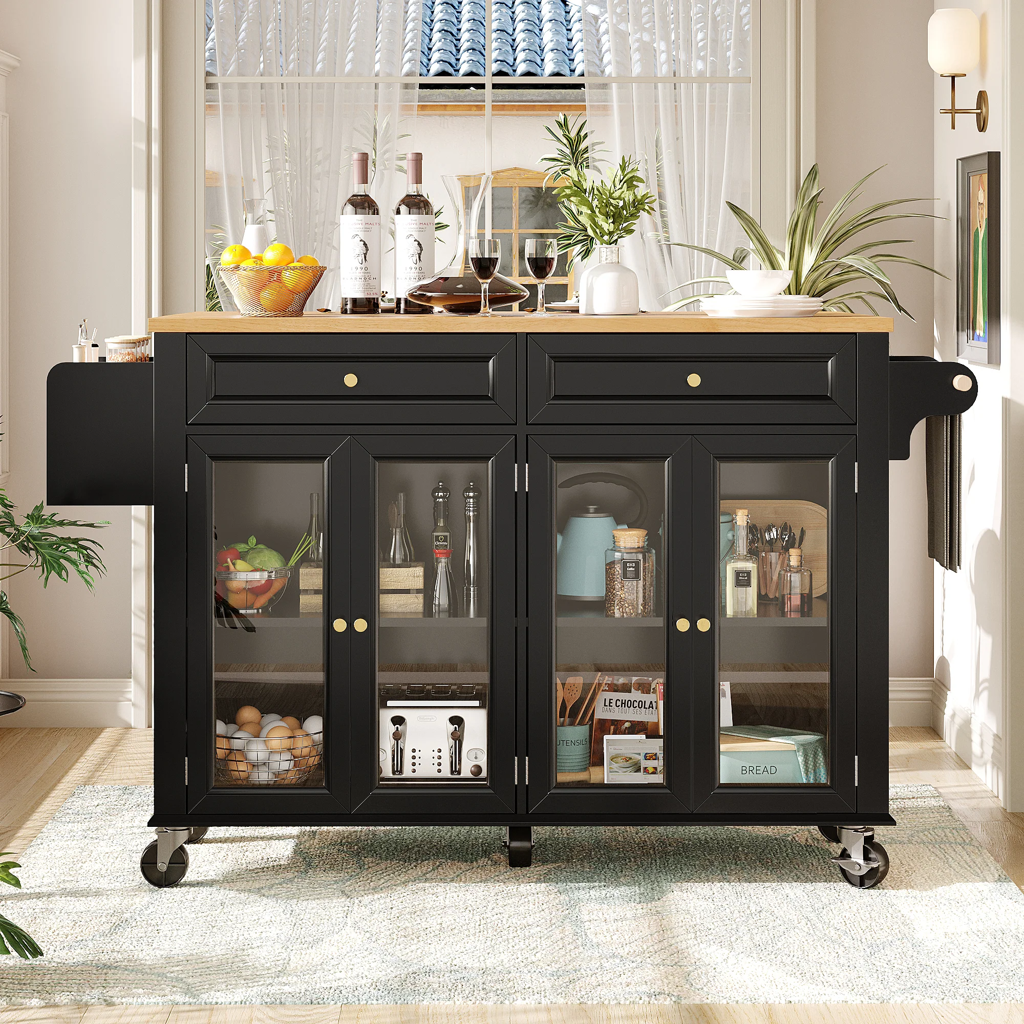 Kitchen Island Serving Trolley Mobile with Wheels Glass Doors Storage Black - Image 4