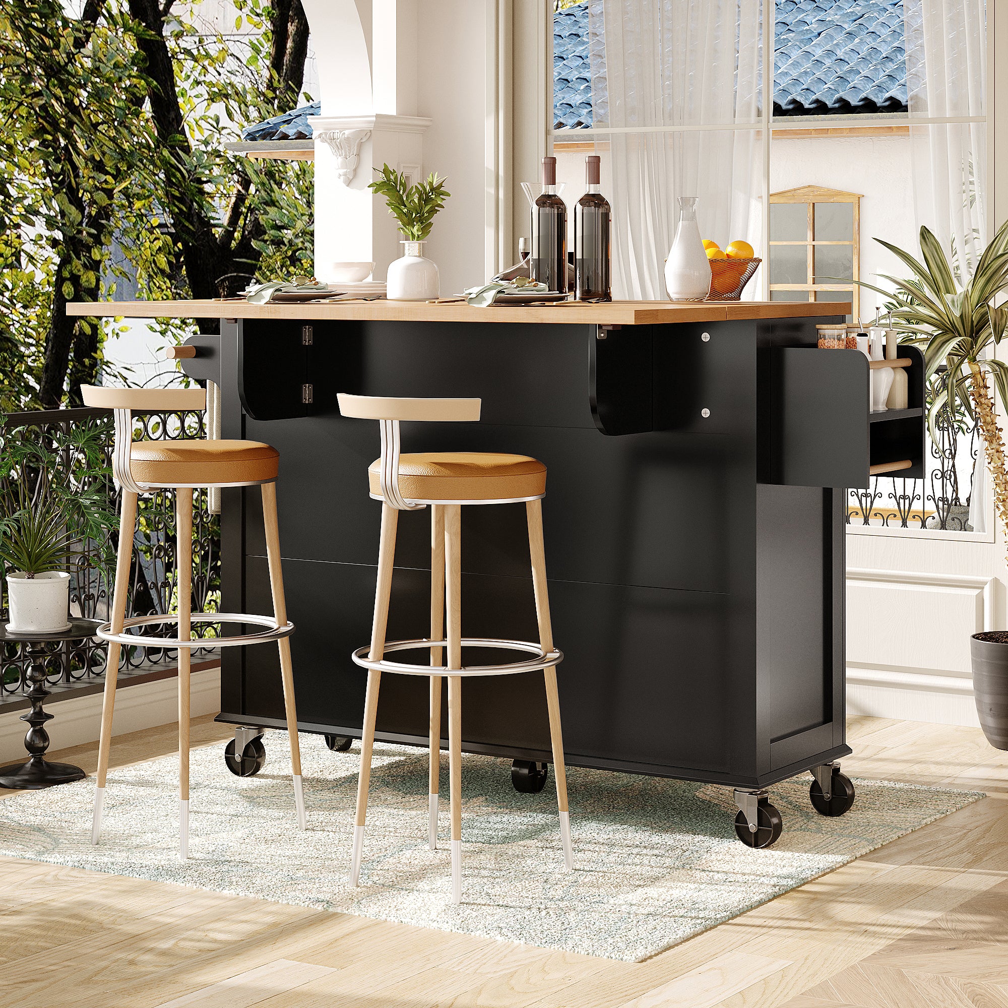 Kitchen Island Serving Trolley Mobile with Wheels Glass Doors Storage Black - Image 5