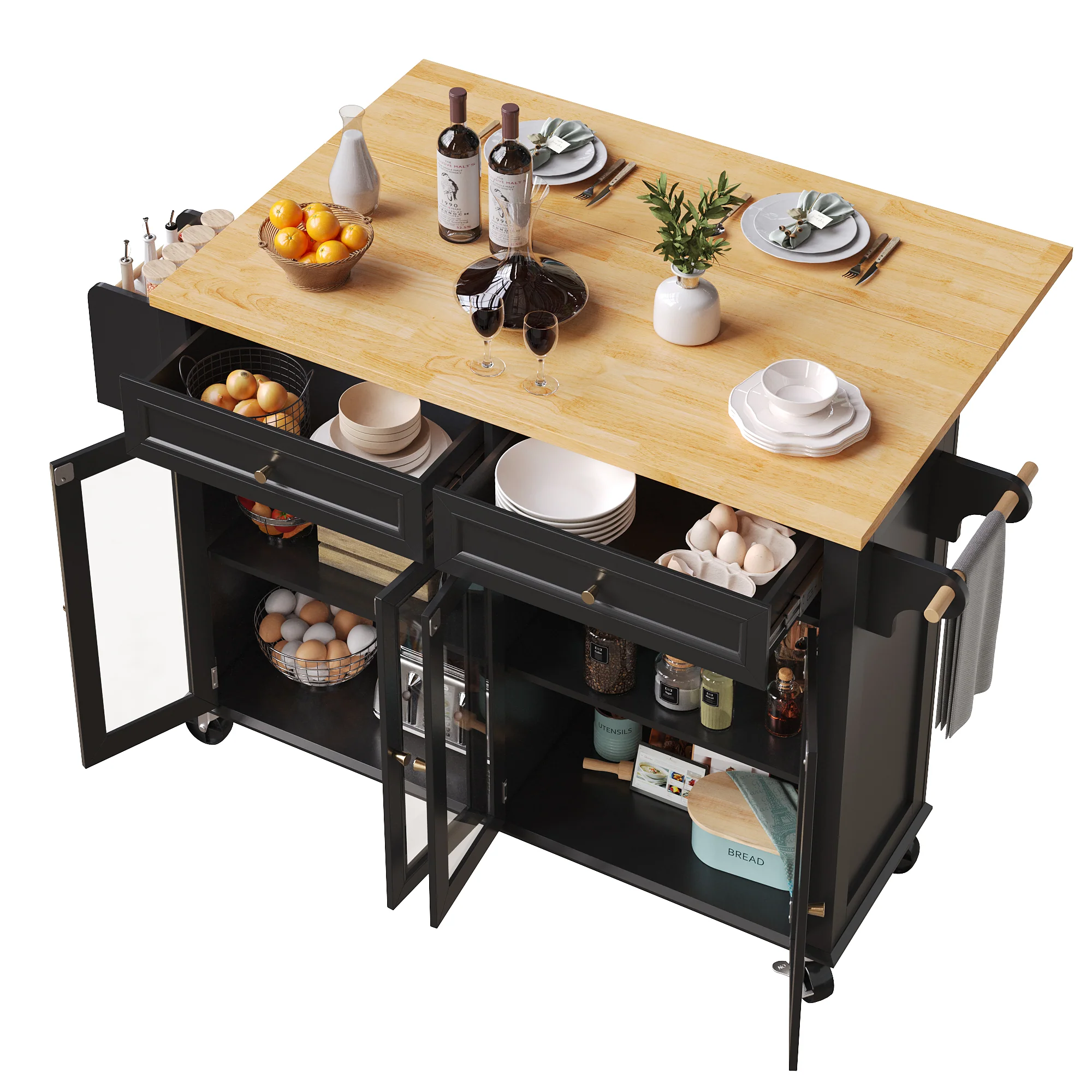 Kitchen Island Serving Trolley Mobile with Wheels Glass Doors Storage Black - Image 6