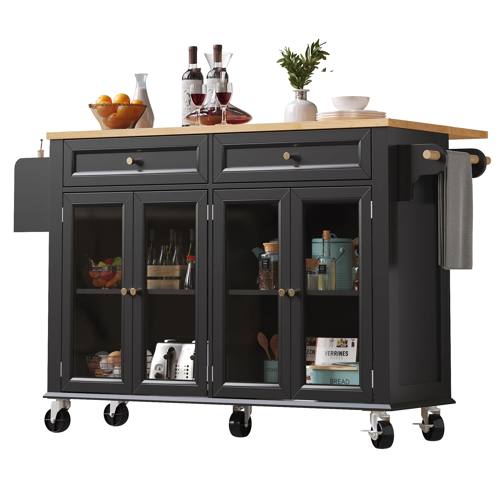 Kitchen Island Serving Trolley Mobile with Wheels Glass Doors Storage Black - Image 7